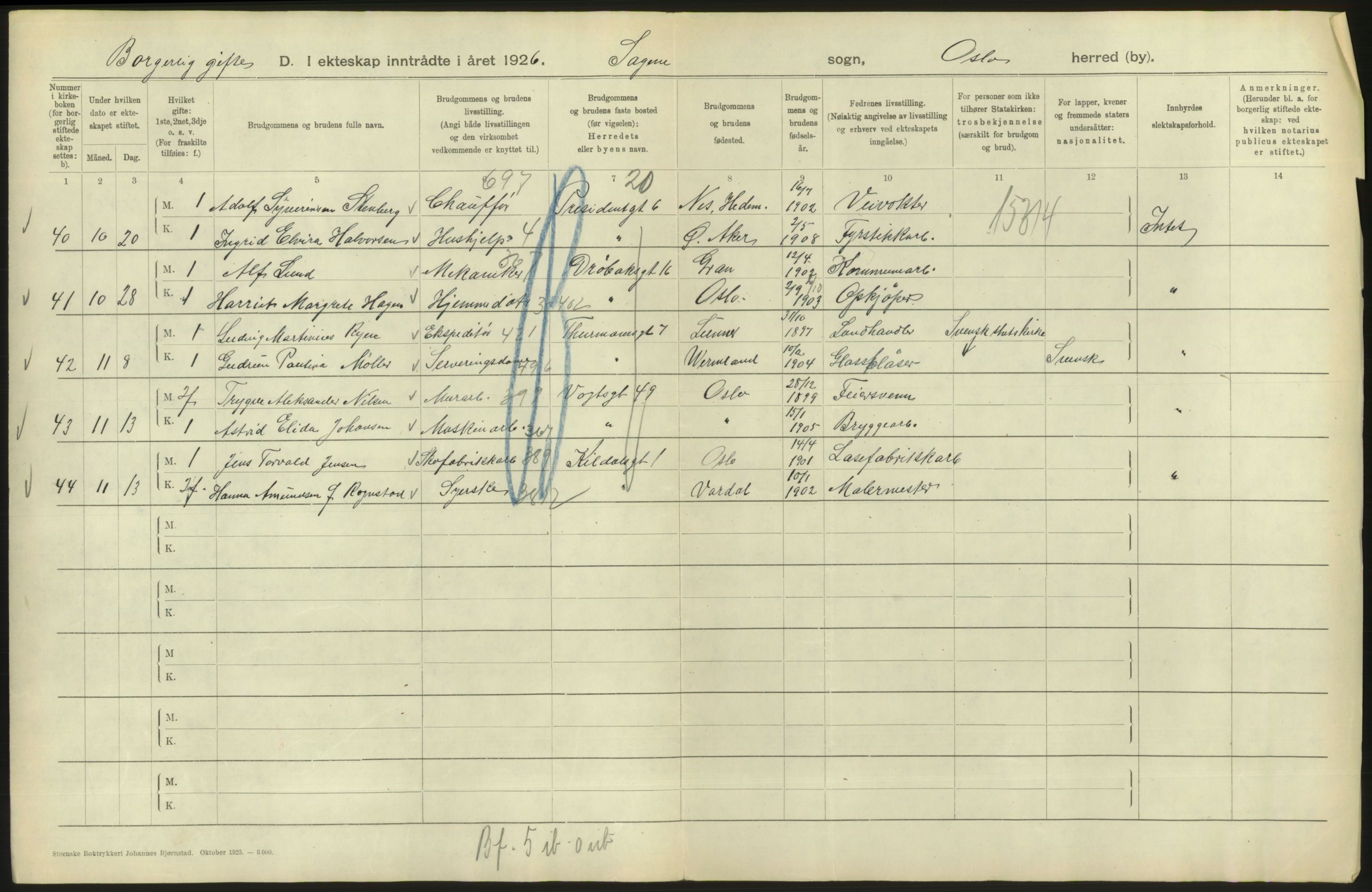 Statistisk sentralbyrå, Sosiodemografiske emner, Befolkning, AV/RA-S-2228/D/Df/Dfc/Dfcf/L0008: Oslo: Gifte, 1926, s. 580