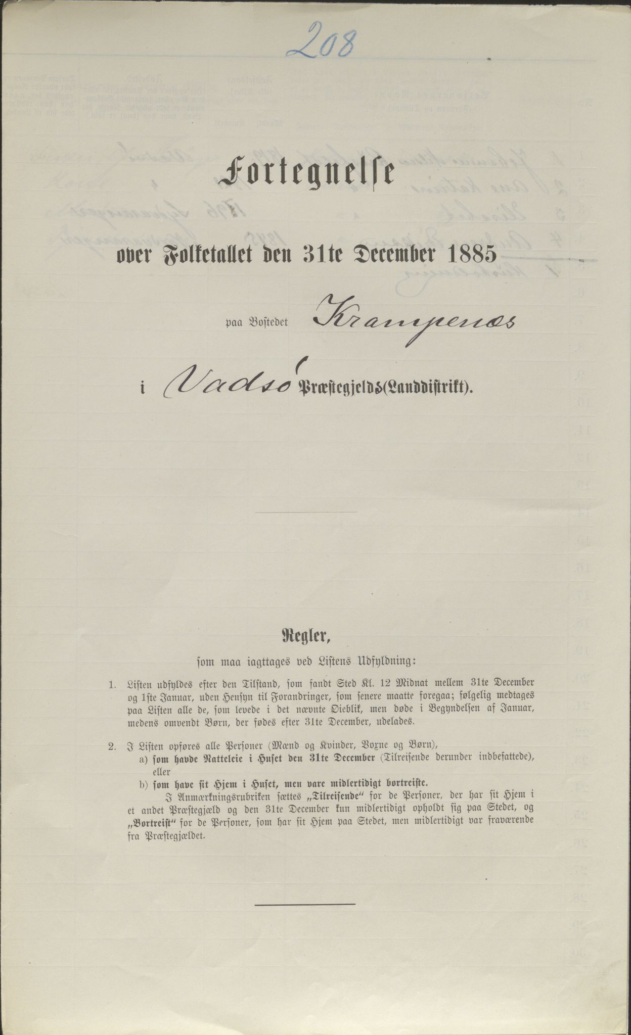 SATØ, Folketelling 1885 for 2029 Vadsø landsogn, 1885, s. 208a