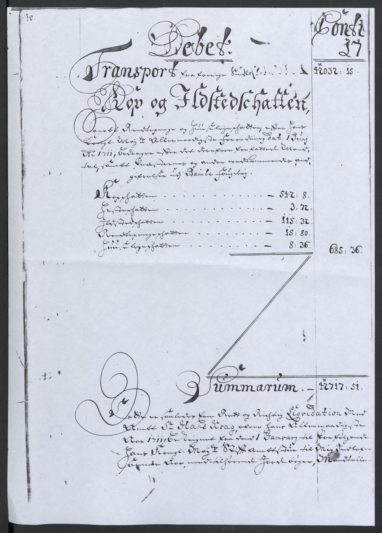 Rentekammeret inntil 1814, Reviderte regnskaper, Fogderegnskap, AV/RA-EA-4092/R36/L2120: Fogderegnskap Øvre og Nedre Telemark og Bamble, 1711, s. 23