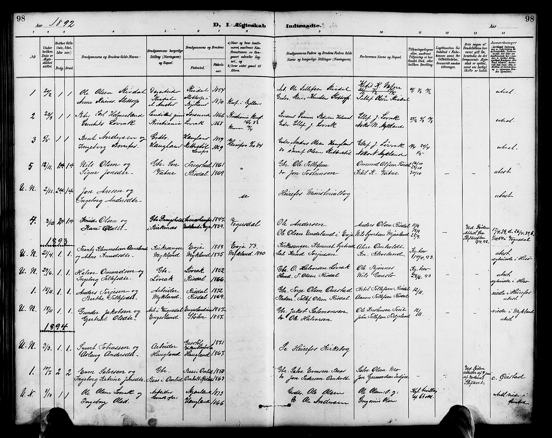 Herefoss sokneprestkontor, AV/SAK-1111-0019/F/Fb/Fbc/L0003: Klokkerbok nr. B 3, 1887-1915, s. 98