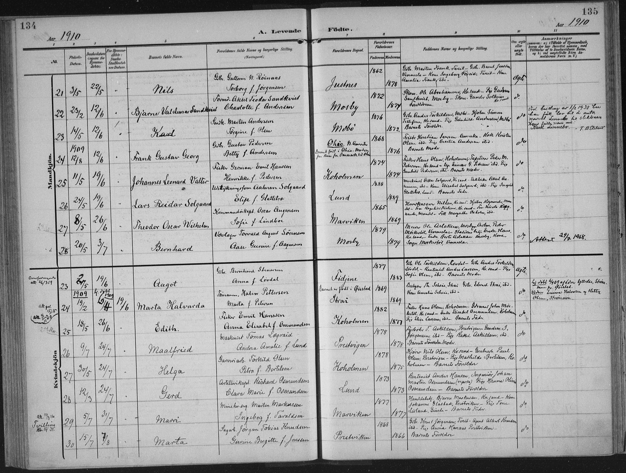 Oddernes sokneprestkontor, SAK/1111-0033/F/Fa/Faa/L0011: Ministerialbok nr. A 11, 1904-1911, s. 134-135