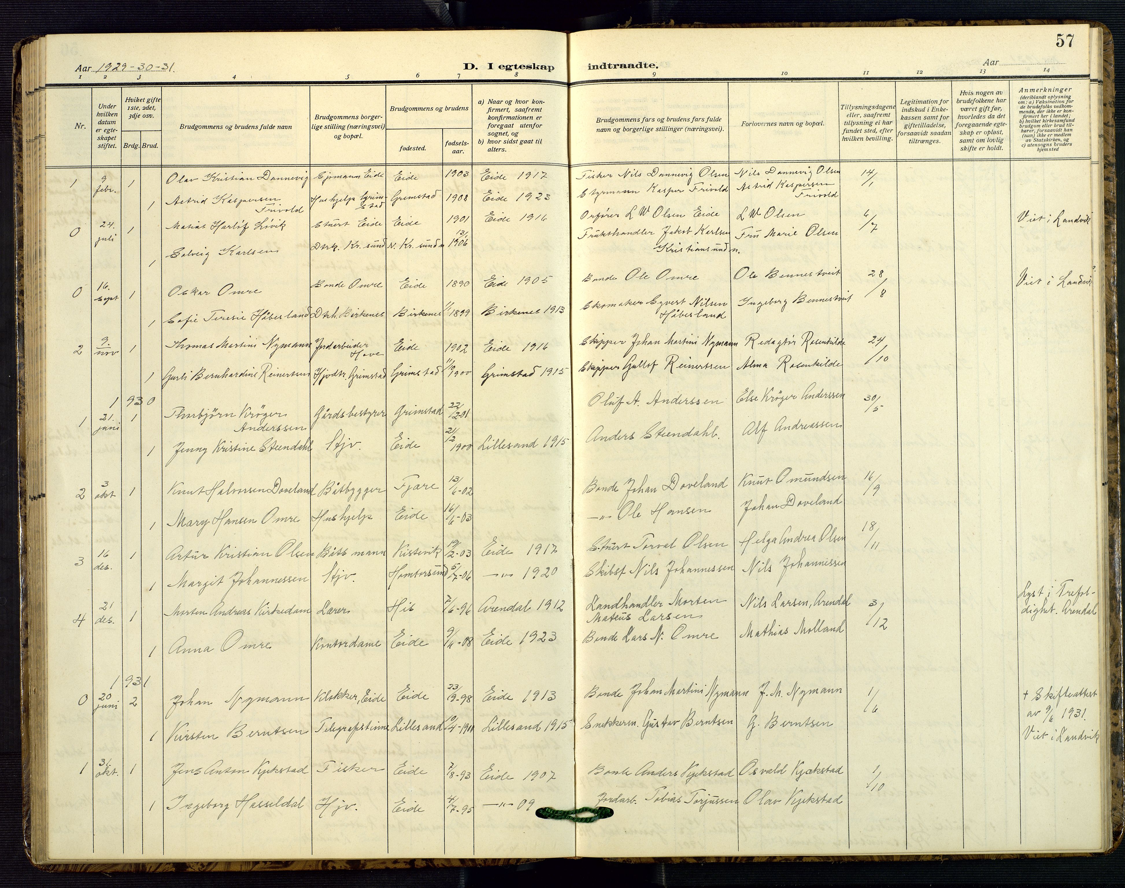 Hommedal sokneprestkontor, AV/SAK-1111-0023/F/Fb/Fba/L0005: Klokkerbok nr. B 5, 1909-1957, s. 57