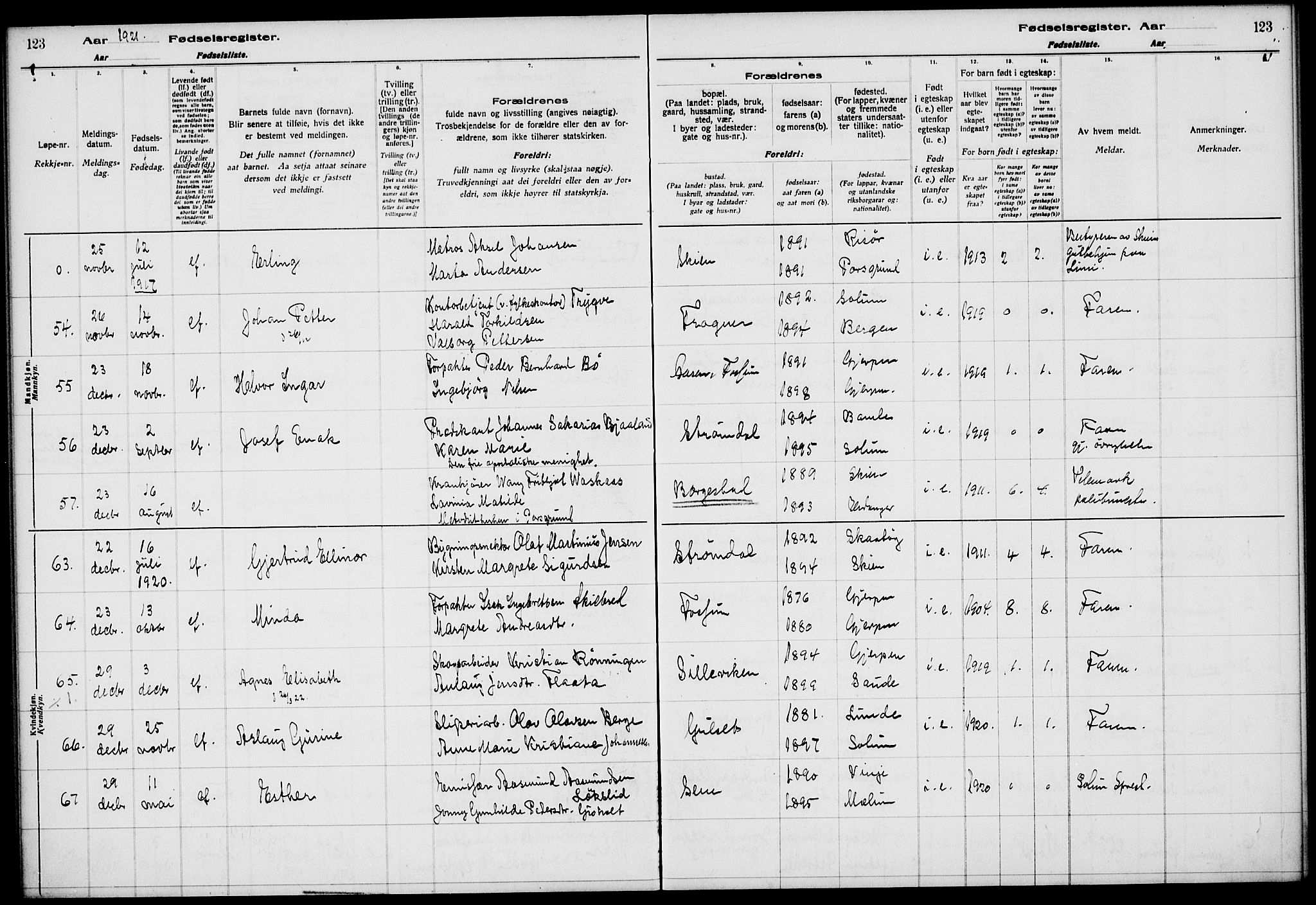 Gjerpen kirkebøker, AV/SAKO-A-265/J/Ja/L0001: Fødselsregister nr. I 1, 1916-1926, s. 123