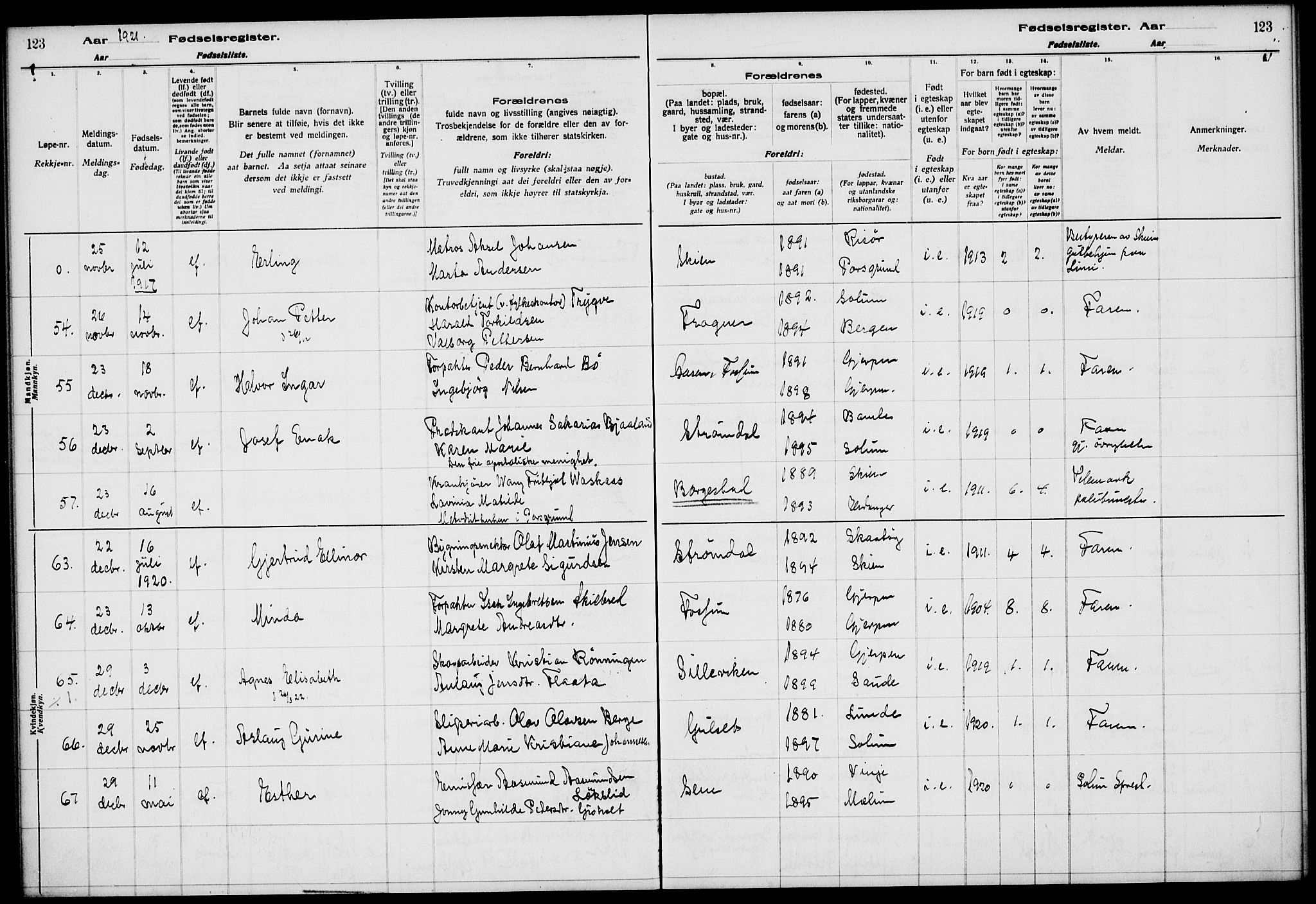 Gjerpen kirkebøker, SAKO/A-265/J/Ja/L0001: Fødselsregister nr. 1, 1916-1926, s. 123