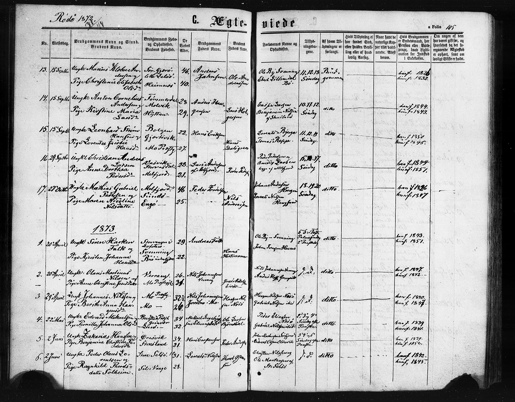 Ministerialprotokoller, klokkerbøker og fødselsregistre - Nordland, AV/SAT-A-1459/841/L0607: Ministerialbok nr. 841A11 /1, 1863-1877, s. 105