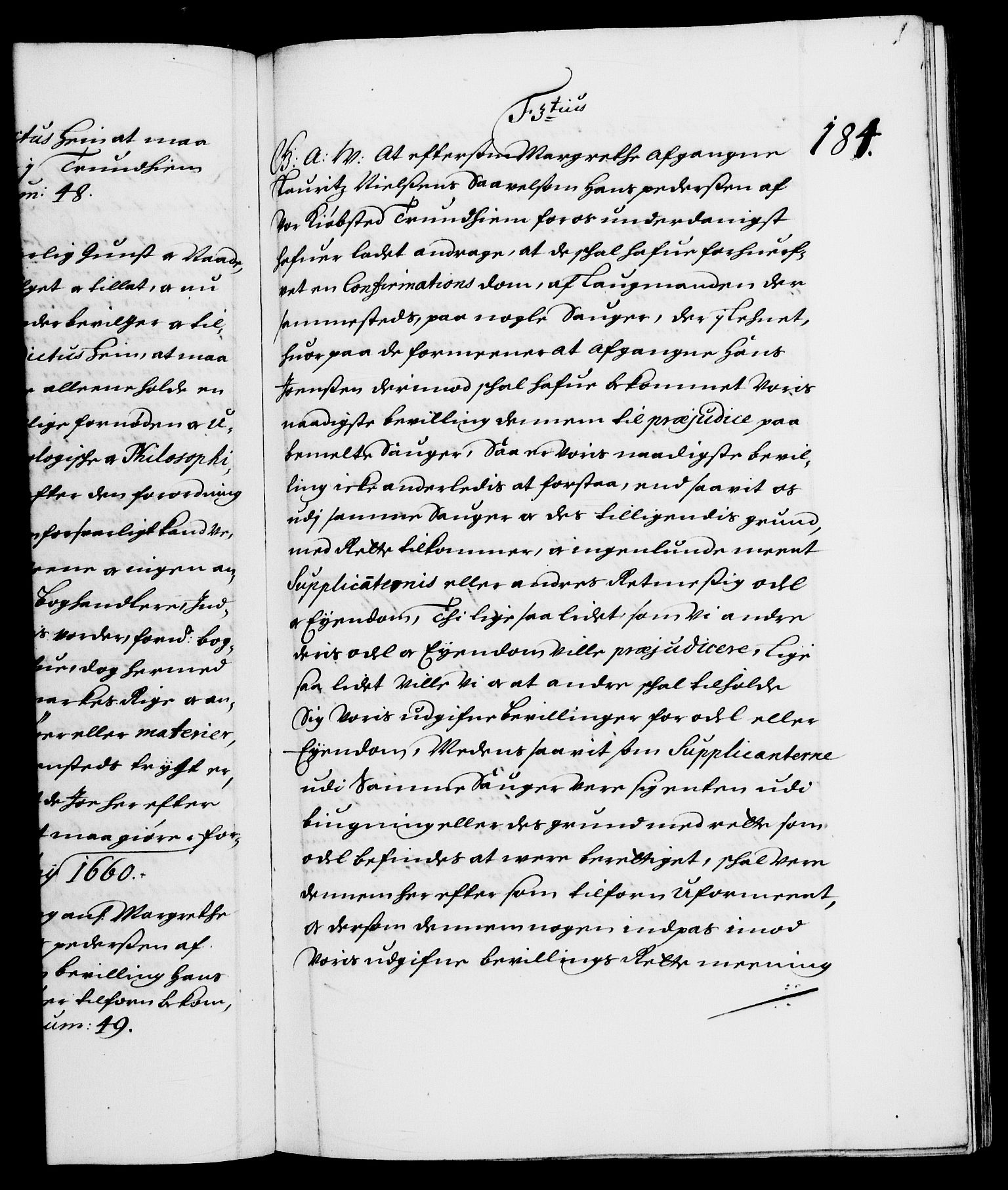 Danske Kanselli 1572-1799, AV/RA-EA-3023/F/Fc/Fca/Fcaa/L0009: Norske registre (mikrofilm), 1657-1660, s. 184a