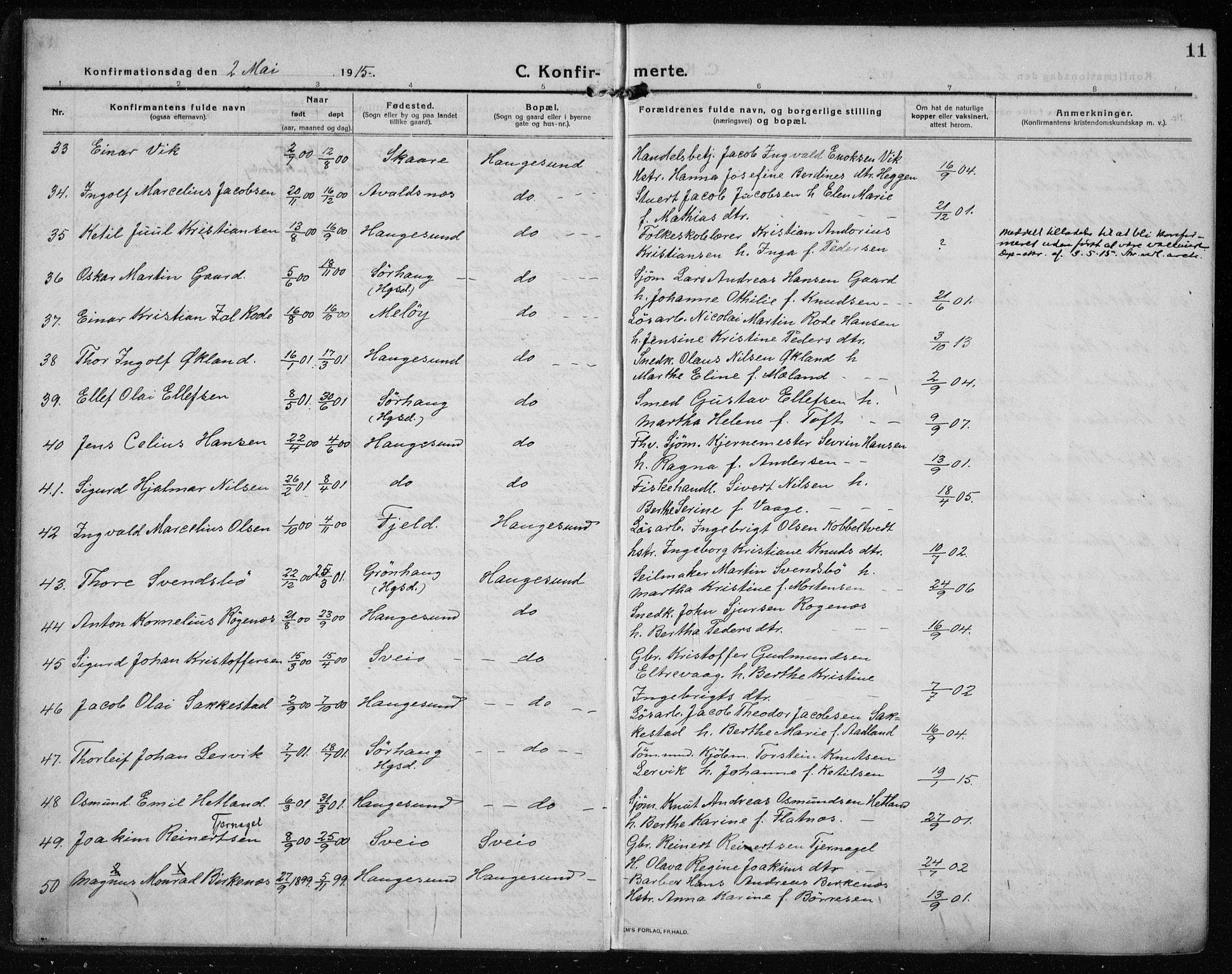 Haugesund sokneprestkontor, AV/SAST-A -101863/H/Ha/Haa/L0009: Ministerialbok nr. A 9, 1914-1929, s. 11