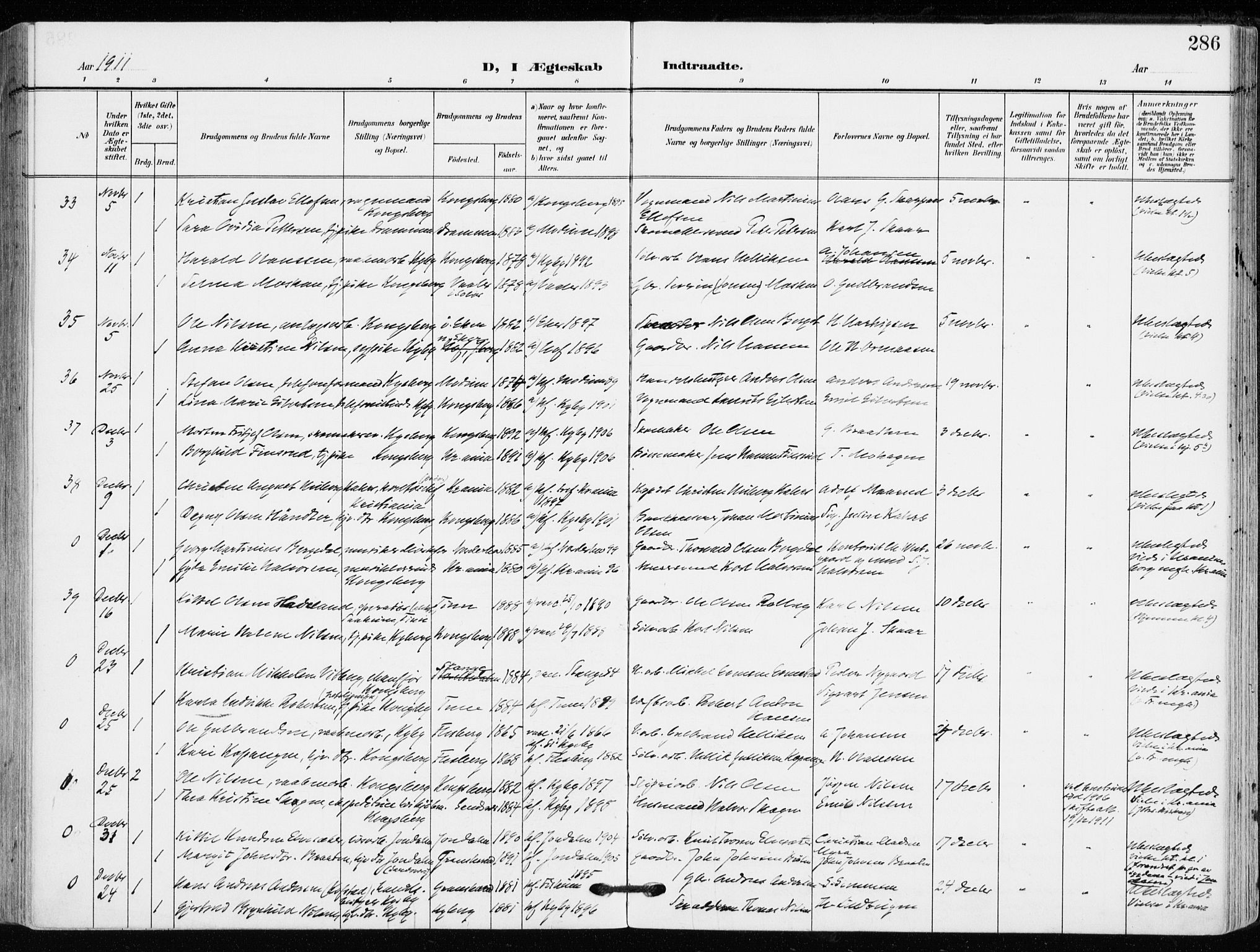 Kongsberg kirkebøker, AV/SAKO-A-22/F/Fb/L0004: Ministerialbok nr. II 4, 1906-1918, s. 286