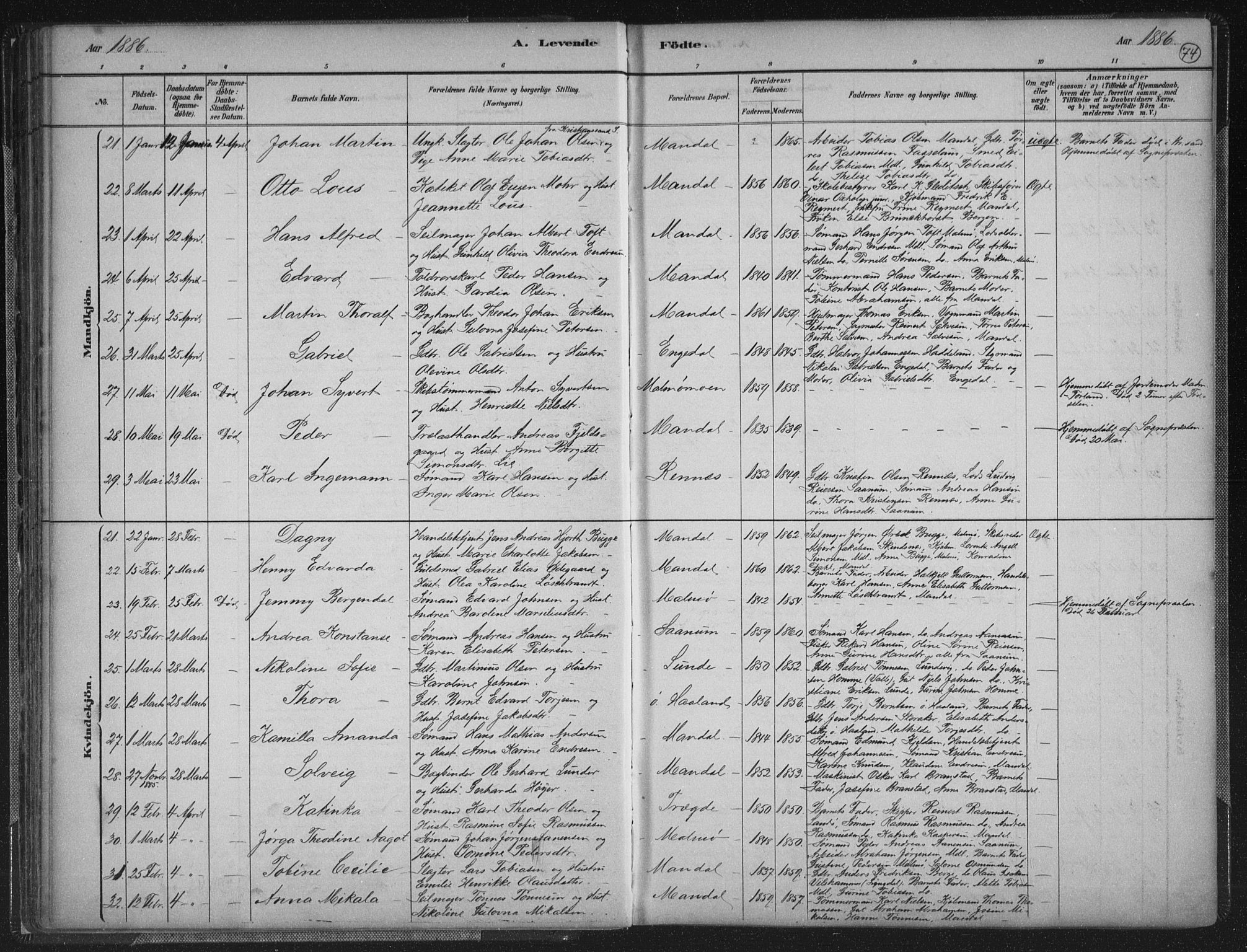 Mandal sokneprestkontor, AV/SAK-1111-0030/F/Fb/Fba/L0011: Klokkerbok nr. B 5, 1880-1898, s. 74