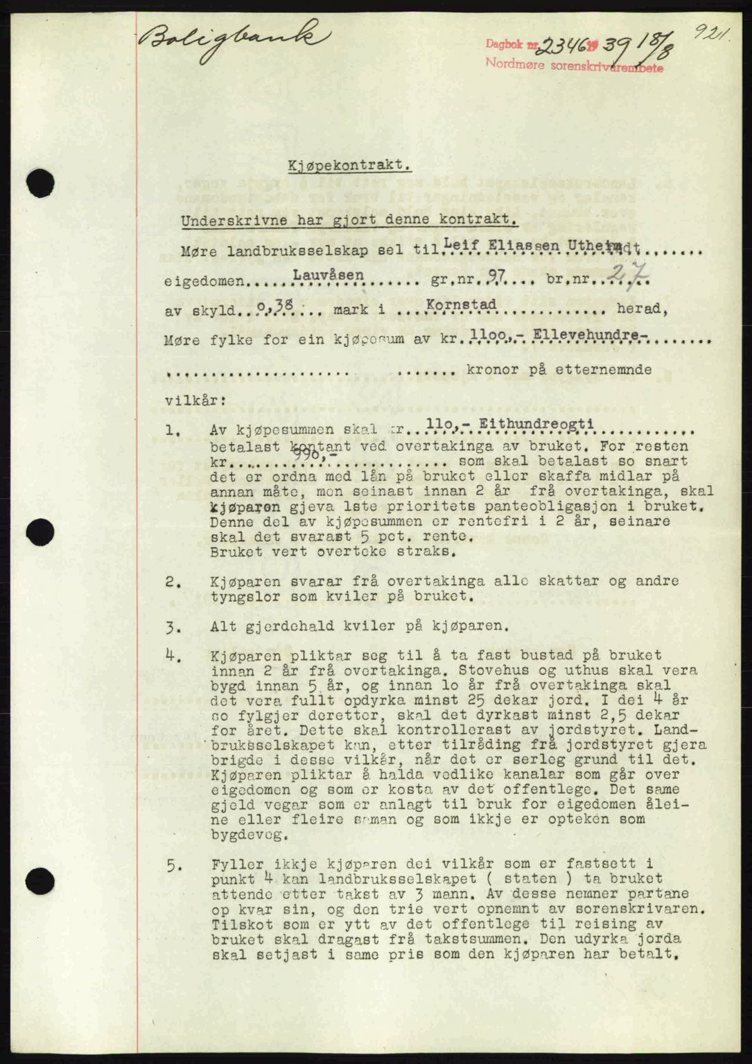 Nordmøre sorenskriveri, SAT/A-4132/1/2/2Ca: Pantebok nr. B85, 1939-1939, Dagboknr: 2346/1939