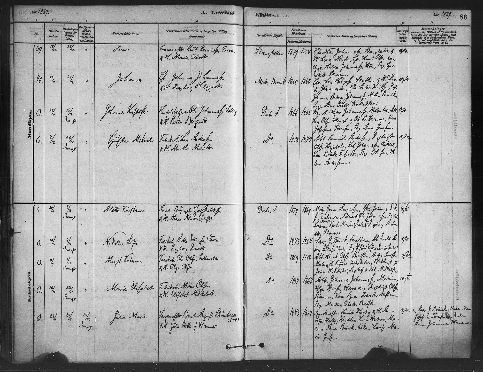 Bruvik Sokneprestembete, AV/SAB-A-74701/H/Haa: Ministerialbok nr. B 1, 1878-1904, s. 86