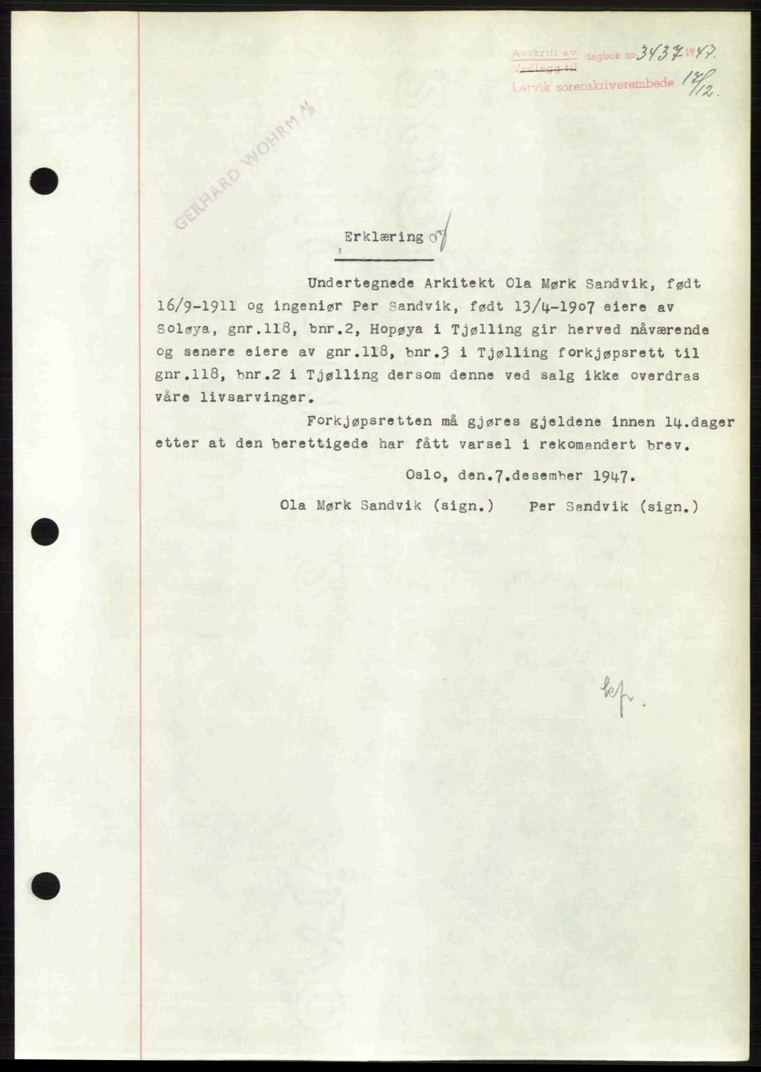 Larvik sorenskriveri, SAKO/A-83/G/Ga/Gab/L0085: Pantebok nr. A-19, 1947-1948, Dagboknr: 3437/1947