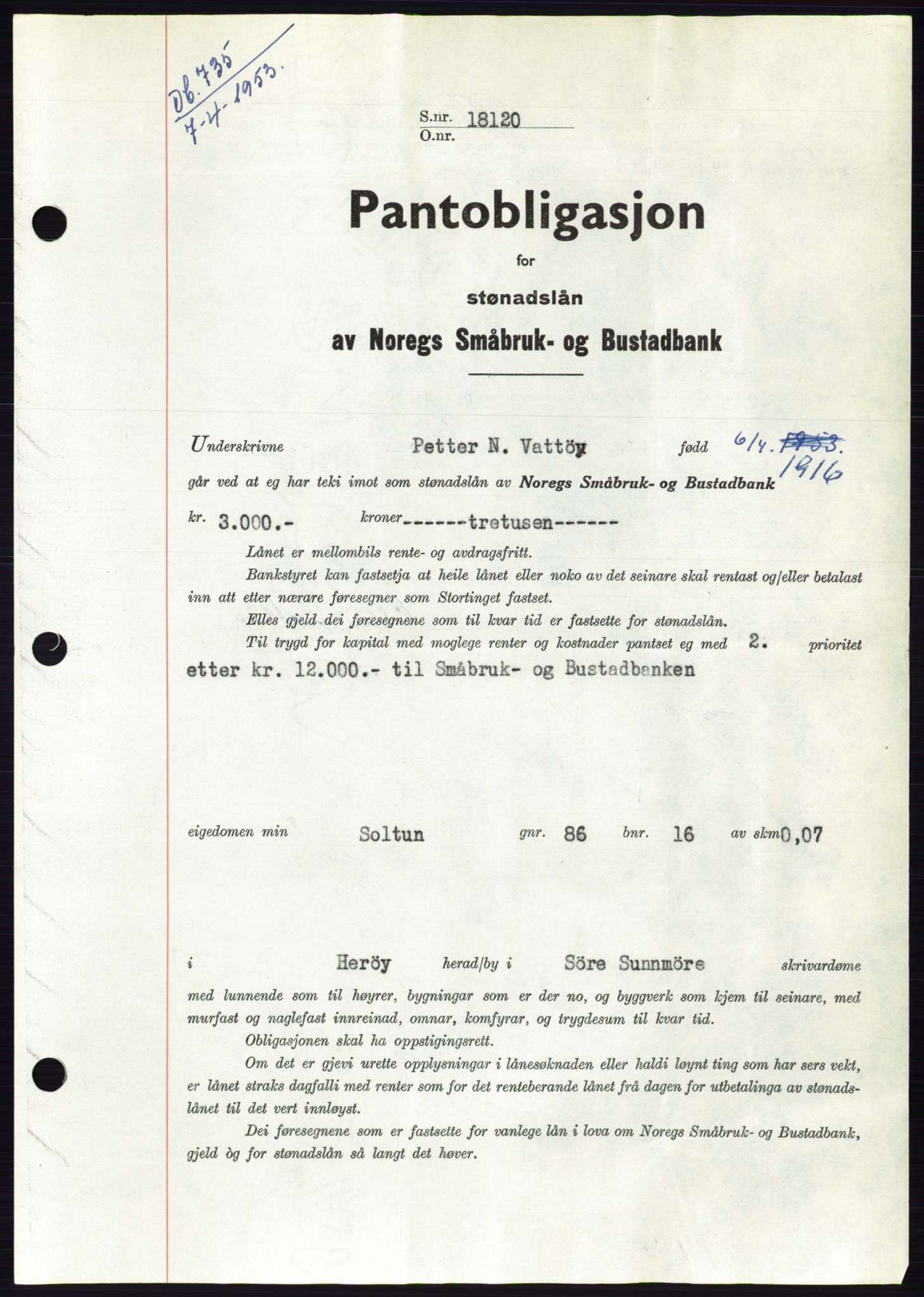 Søre Sunnmøre sorenskriveri, SAT/A-4122/1/2/2C/L0123: Pantebok nr. 11B, 1953-1953, Dagboknr: 735/1953