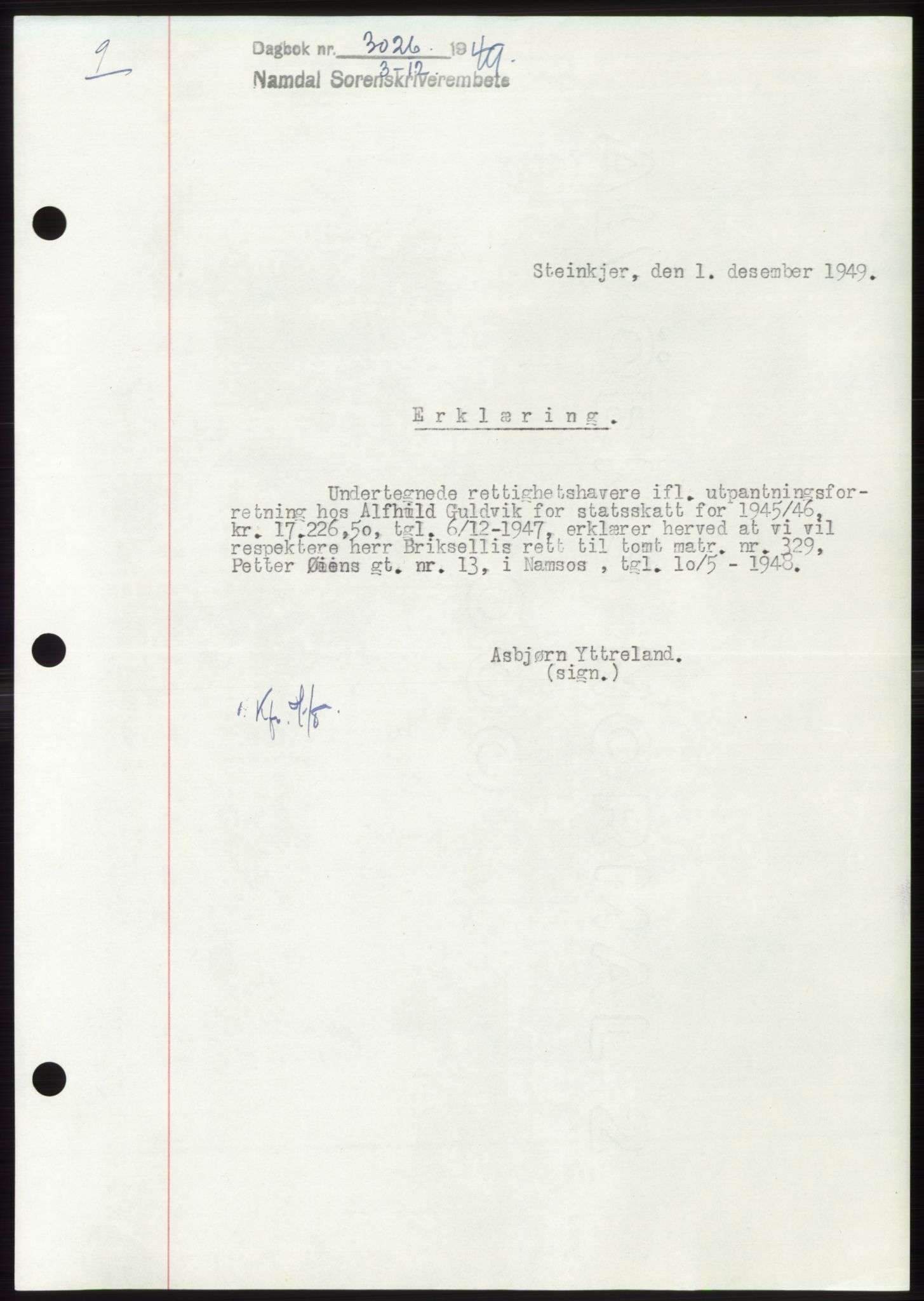 Namdal sorenskriveri, SAT/A-4133/1/2/2C: Pantebok nr. -, 1949-1949, Dagboknr: 3026/1949
