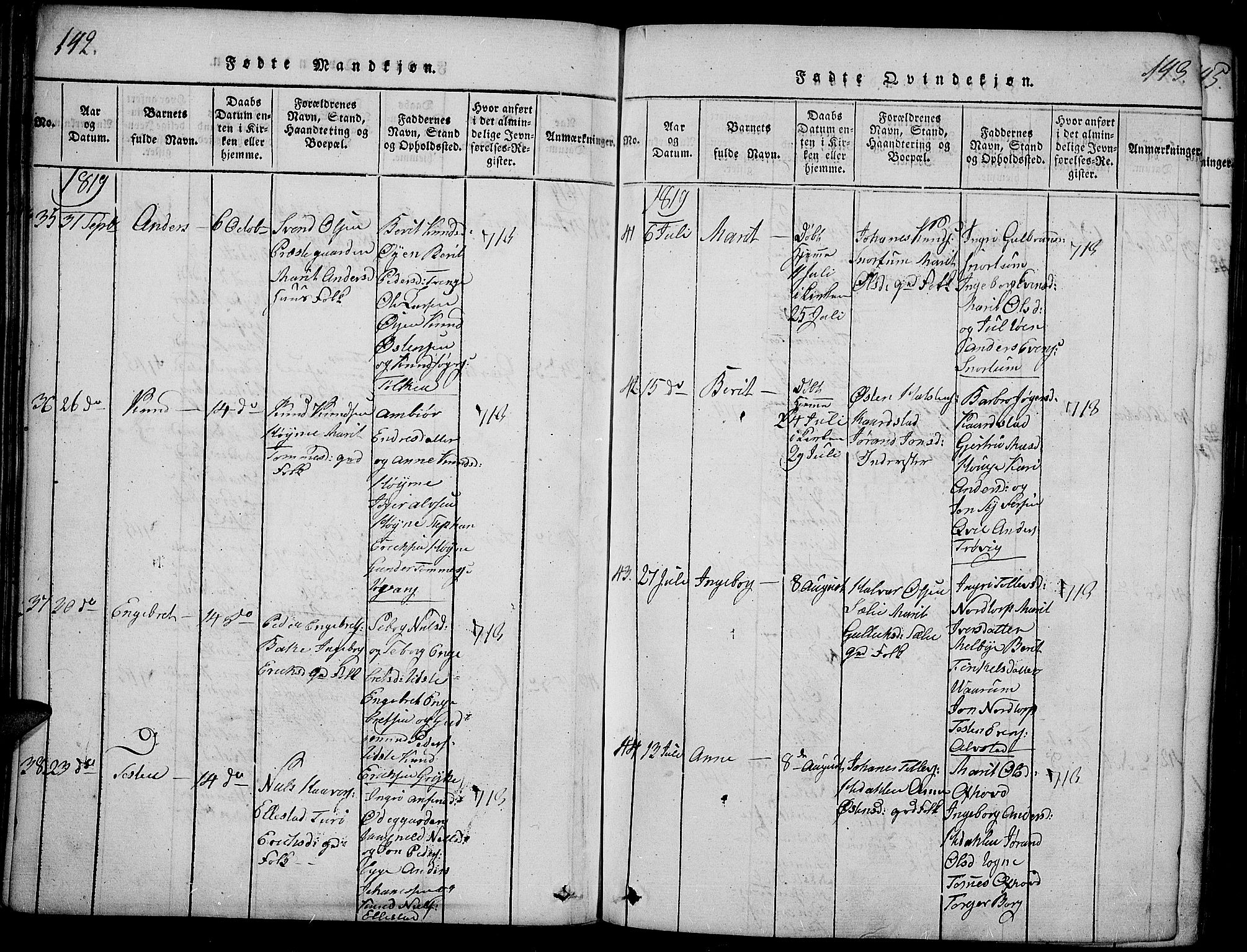 Slidre prestekontor, AV/SAH-PREST-134/H/Ha/Haa/L0002: Ministerialbok nr. 2, 1814-1830, s. 142-143