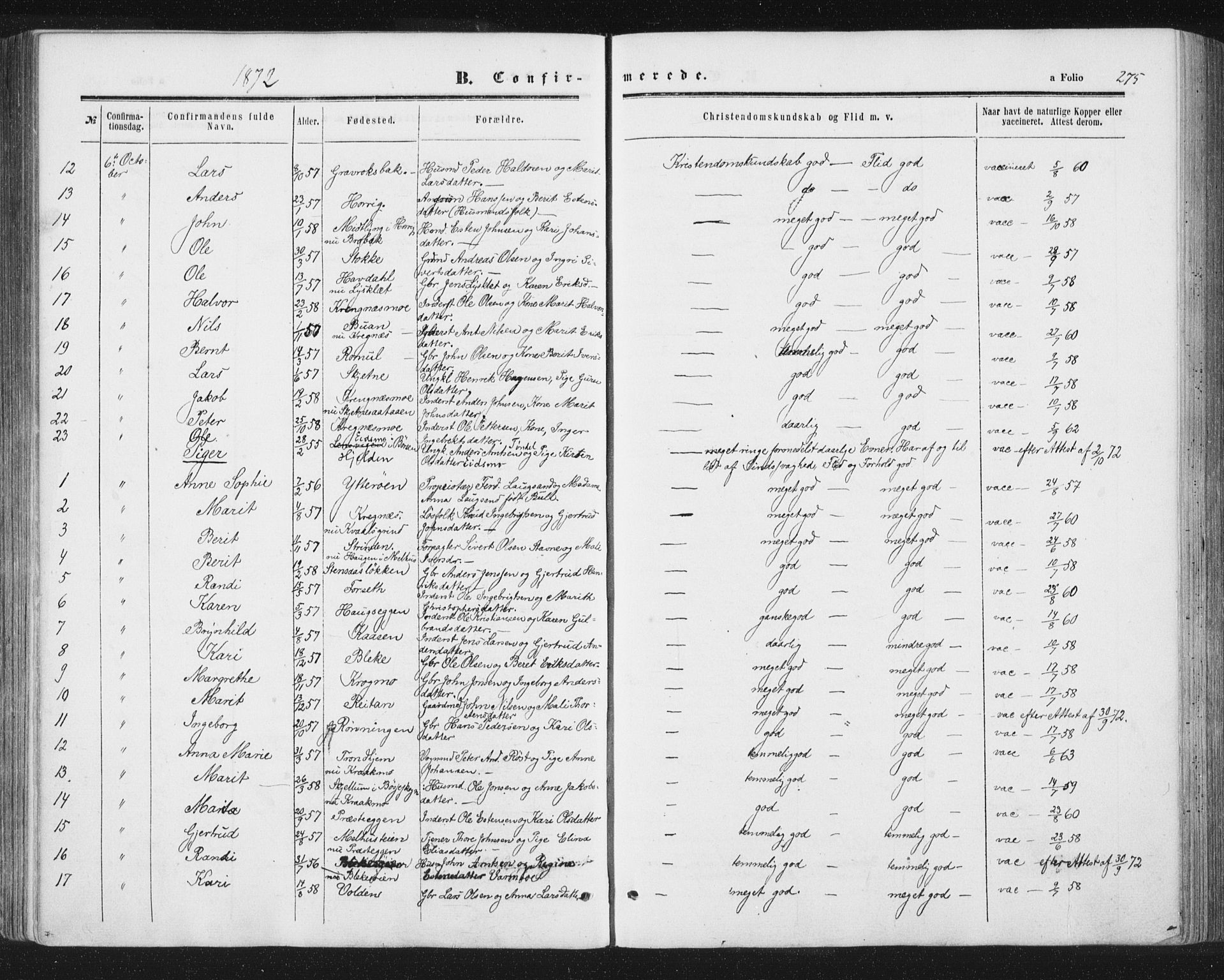 Ministerialprotokoller, klokkerbøker og fødselsregistre - Sør-Trøndelag, SAT/A-1456/691/L1077: Ministerialbok nr. 691A09, 1862-1873, s. 275