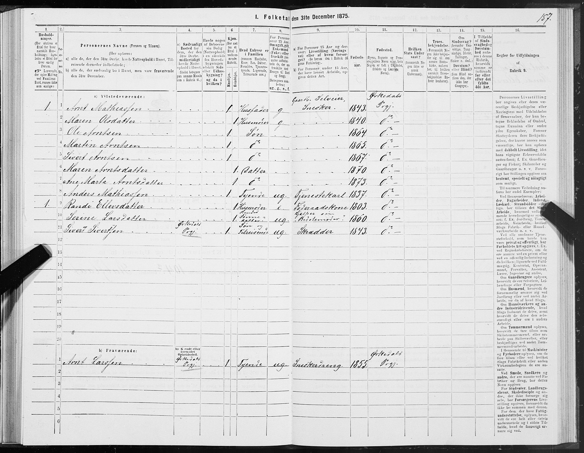 SAT, Folketelling 1875 for 1638P Orkdal prestegjeld, 1875, s. 3157