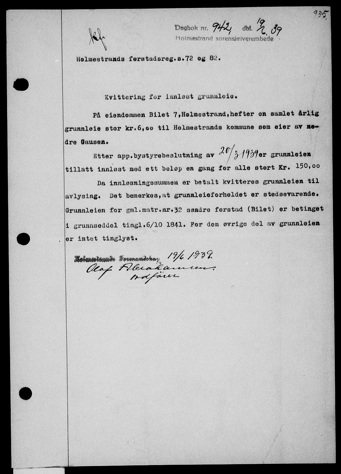 Holmestrand sorenskriveri, SAKO/A-67/G/Ga/Gaa/L0050: Pantebok nr. A-50, 1938-1939, Dagboknr: 942/1939