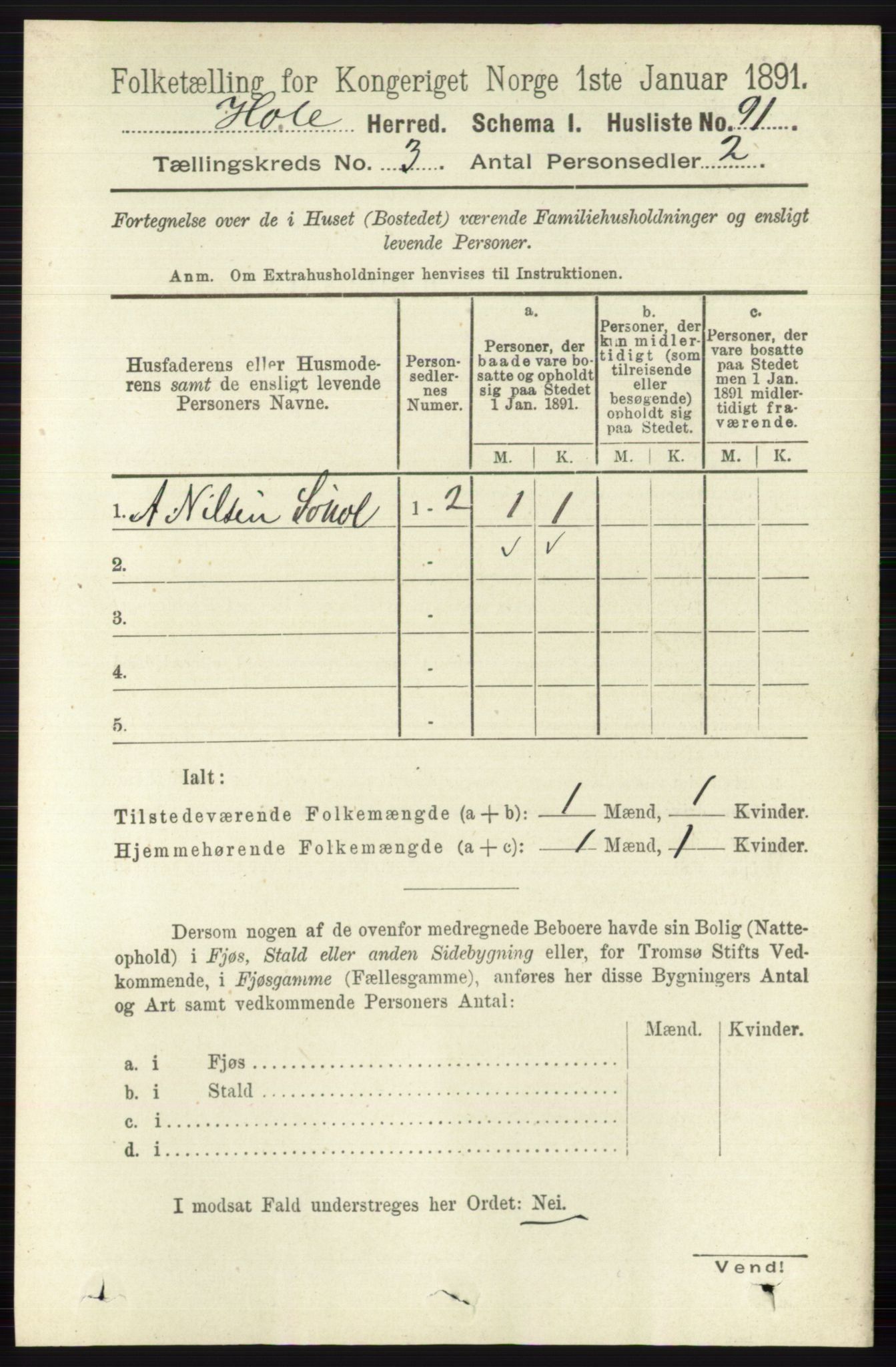 RA, Folketelling 1891 for 0612 Hole herred, 1891, s. 1209