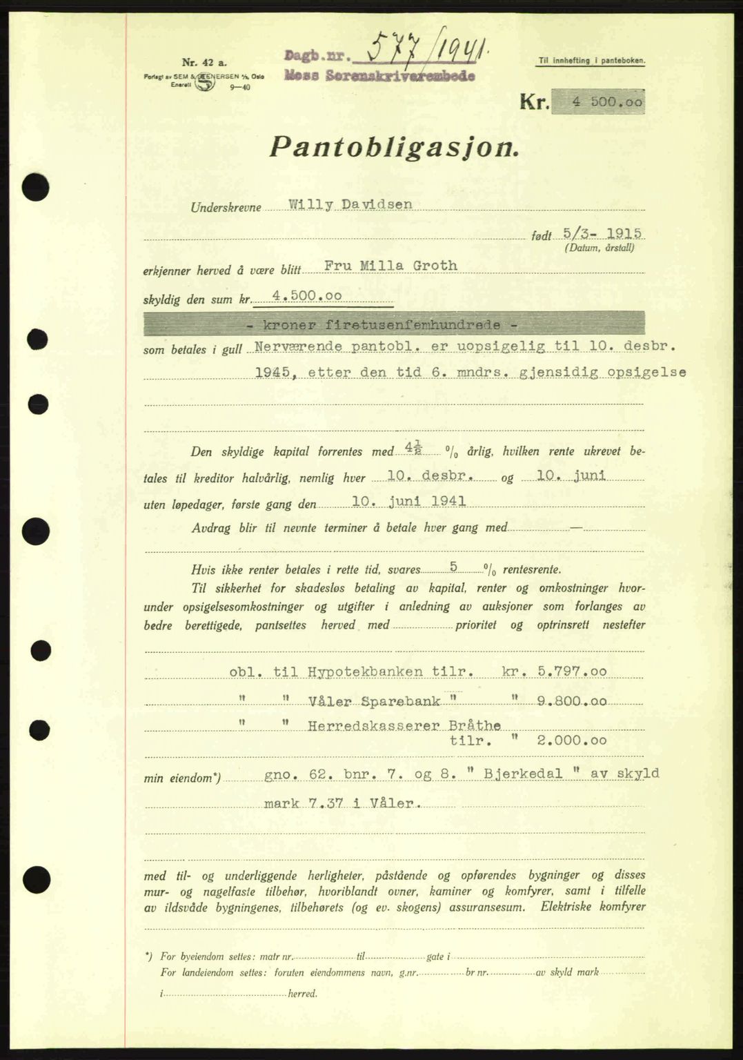 Moss sorenskriveri, SAO/A-10168: Pantebok nr. B10, 1940-1941, Dagboknr: 577/1941