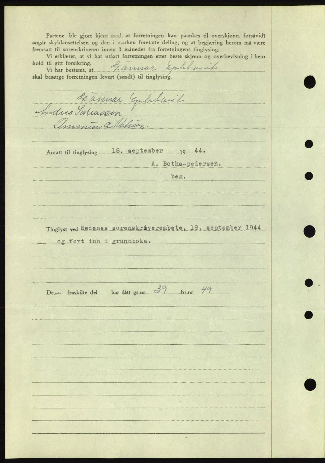 Nedenes sorenskriveri, SAK/1221-0006/G/Gb/Gba/L0052: Pantebok nr. A6a, 1944-1945, Dagboknr: 827/1944