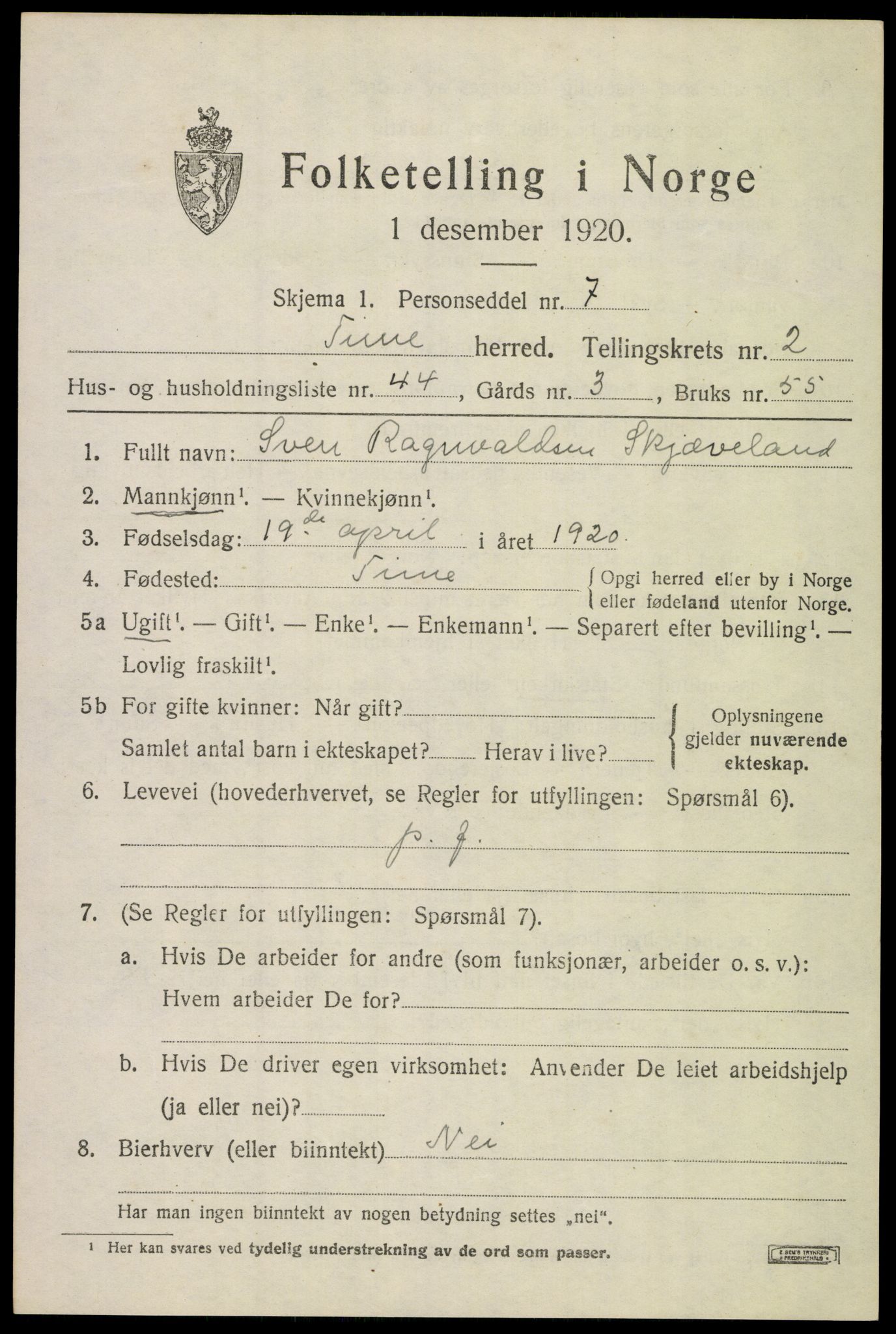 SAST, Folketelling 1920 for 1121 Time herred, 1920, s. 3353
