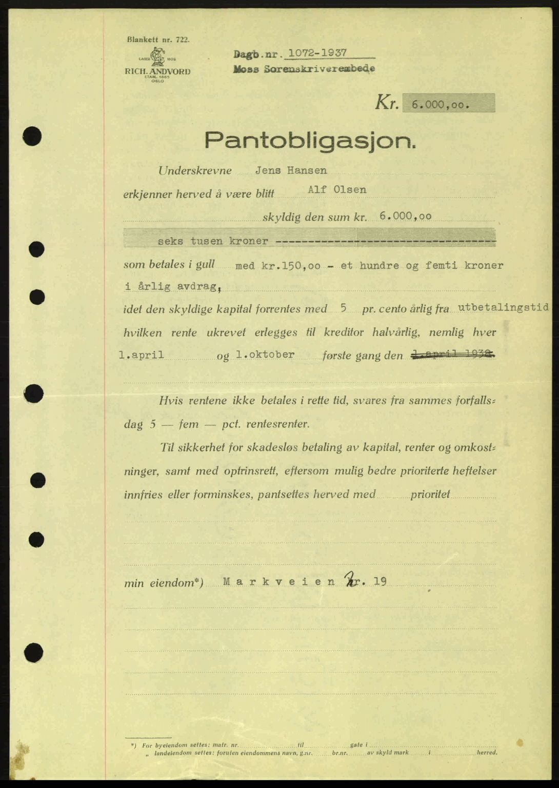 Moss sorenskriveri, SAO/A-10168: Pantebok nr. B3, 1937-1937, Dagboknr: 1072/1937