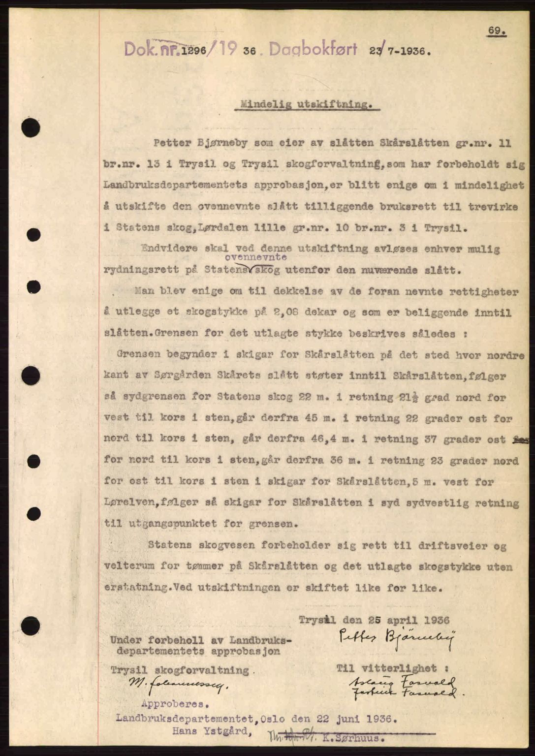 Sør-Østerdal sorenskriveri, SAH/TING-018/H/Hb/Hbb/L0054: Pantebok nr. A54, 1936-1936, Dagboknr: 1296/1936