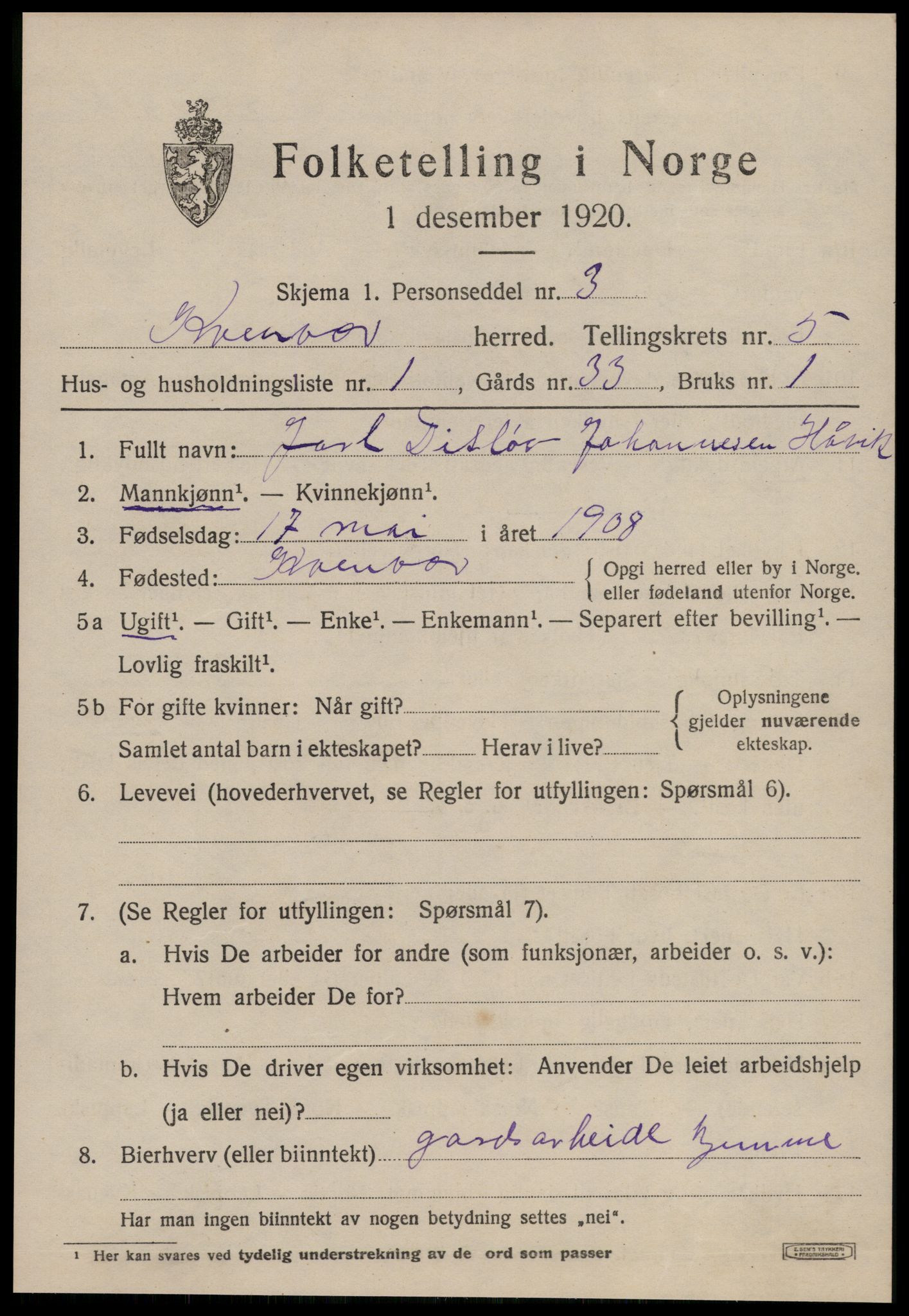 SAT, Folketelling 1920 for 1618 Kvenvær herred, 1920, s. 1890