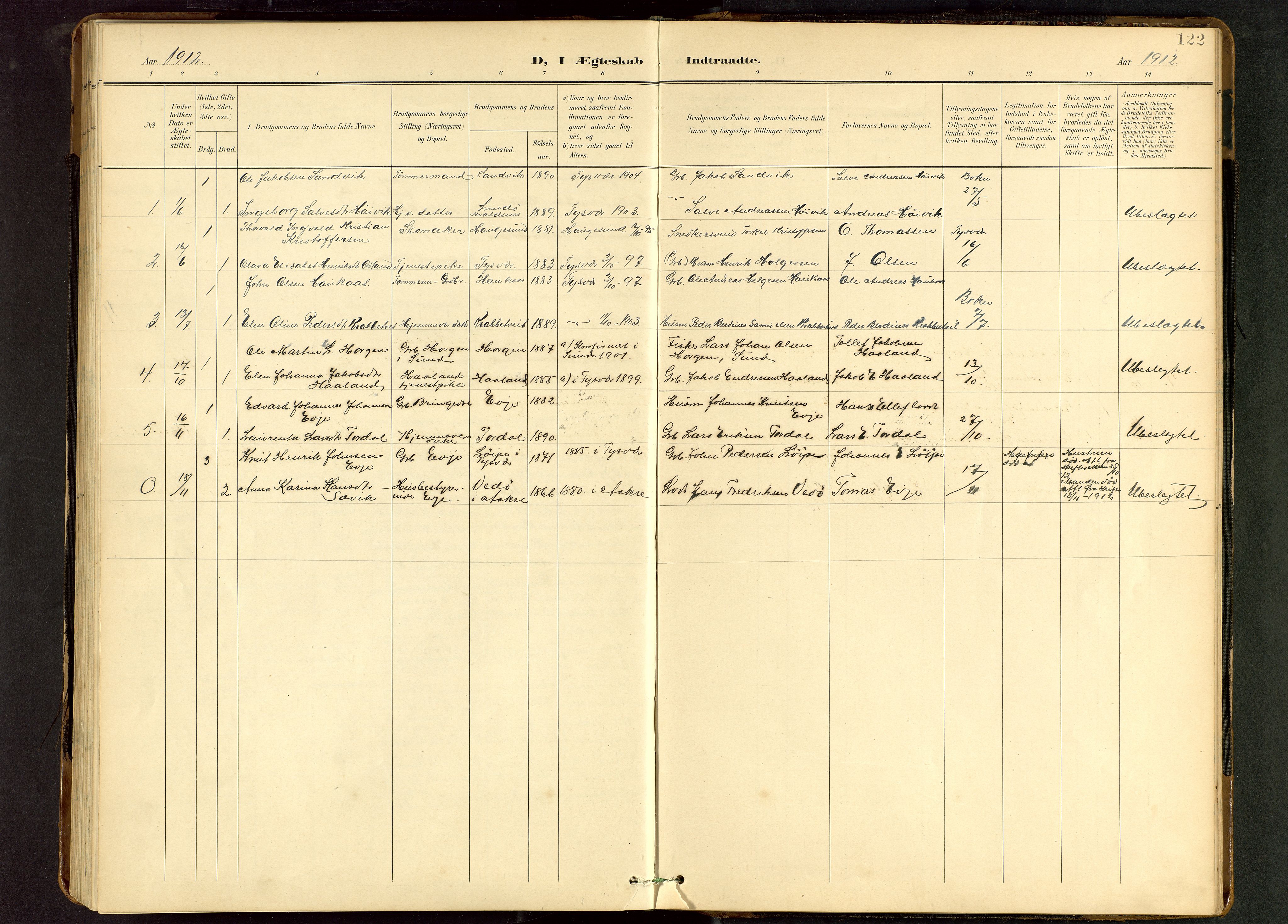 Tysvær sokneprestkontor, AV/SAST-A -101864/H/Ha/Hab/L0010: Klokkerbok nr. B 10, 1897-1912, s. 122