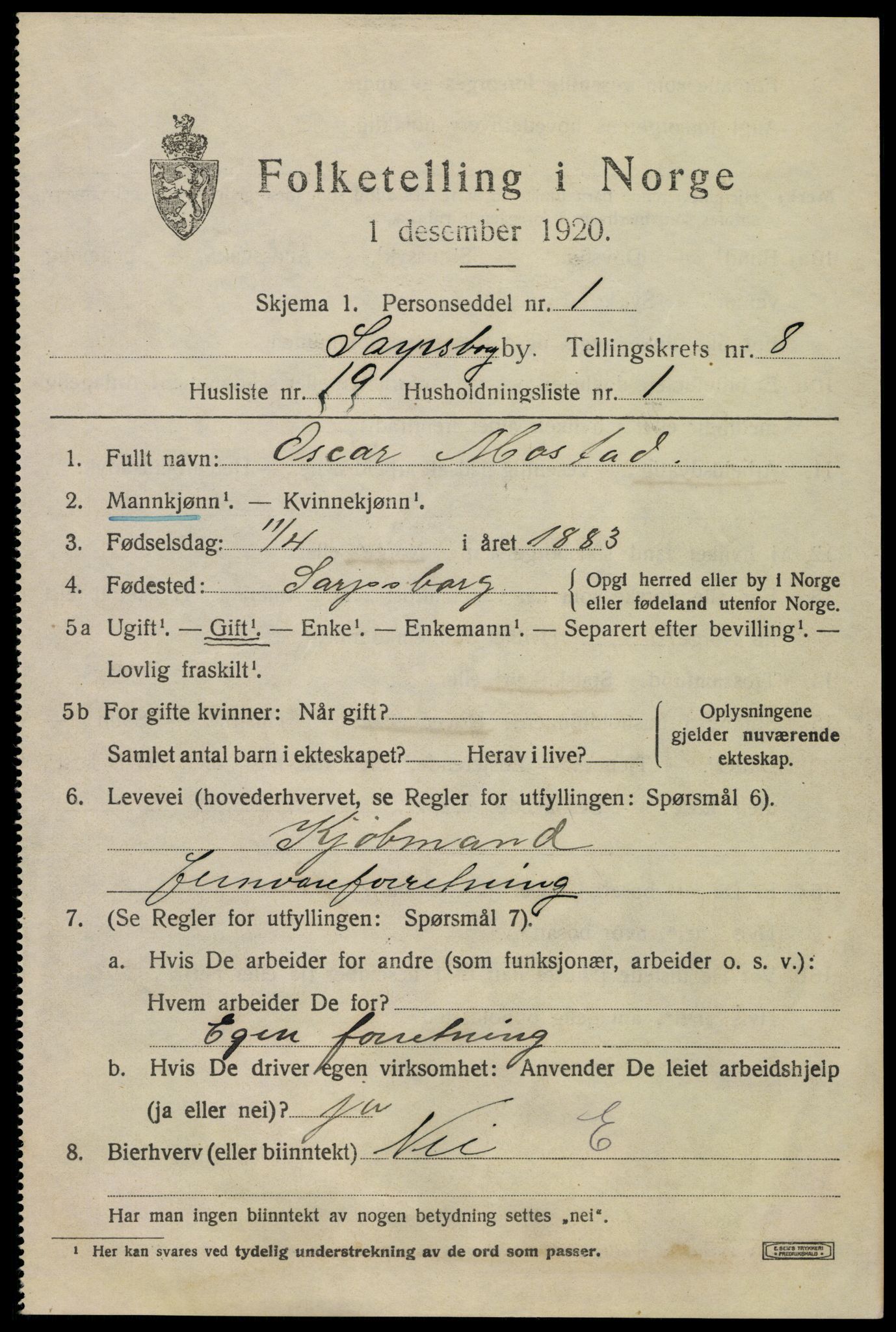 SAO, Folketelling 1920 for 0102 Sarpsborg kjøpstad, 1920, s. 17596
