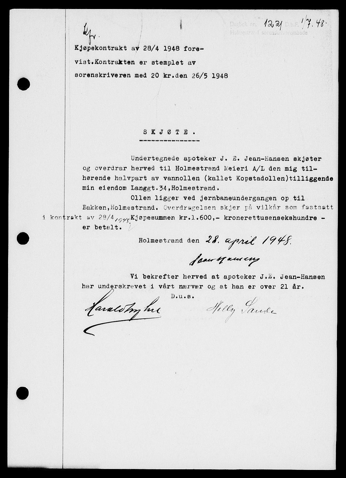 Holmestrand sorenskriveri, SAKO/A-67/G/Ga/Gaa/L0064: Pantebok nr. A-64, 1948-1948, Dagboknr: 1221/1948