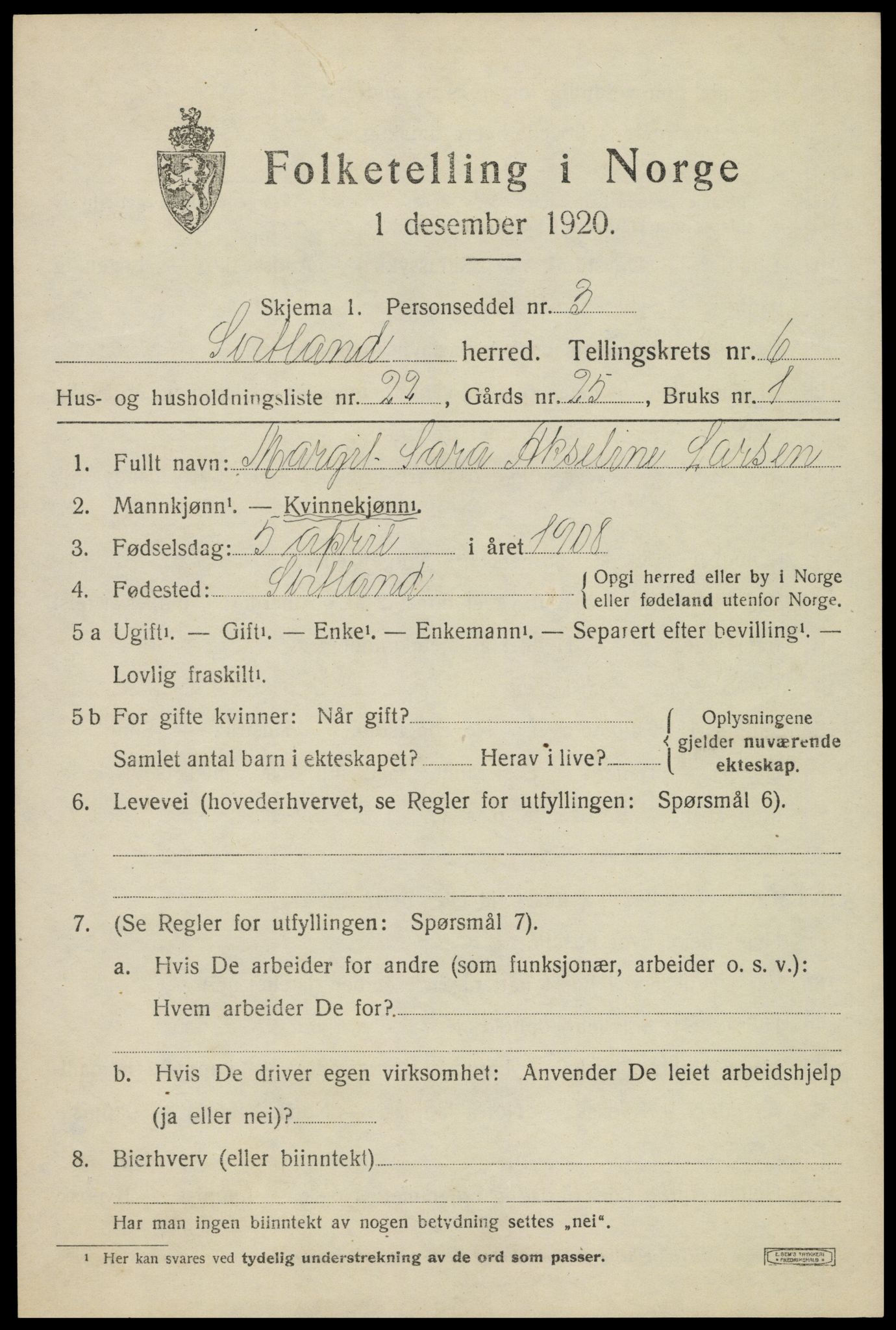 SAT, Folketelling 1920 for 1870 Sortland herred, 1920, s. 6520