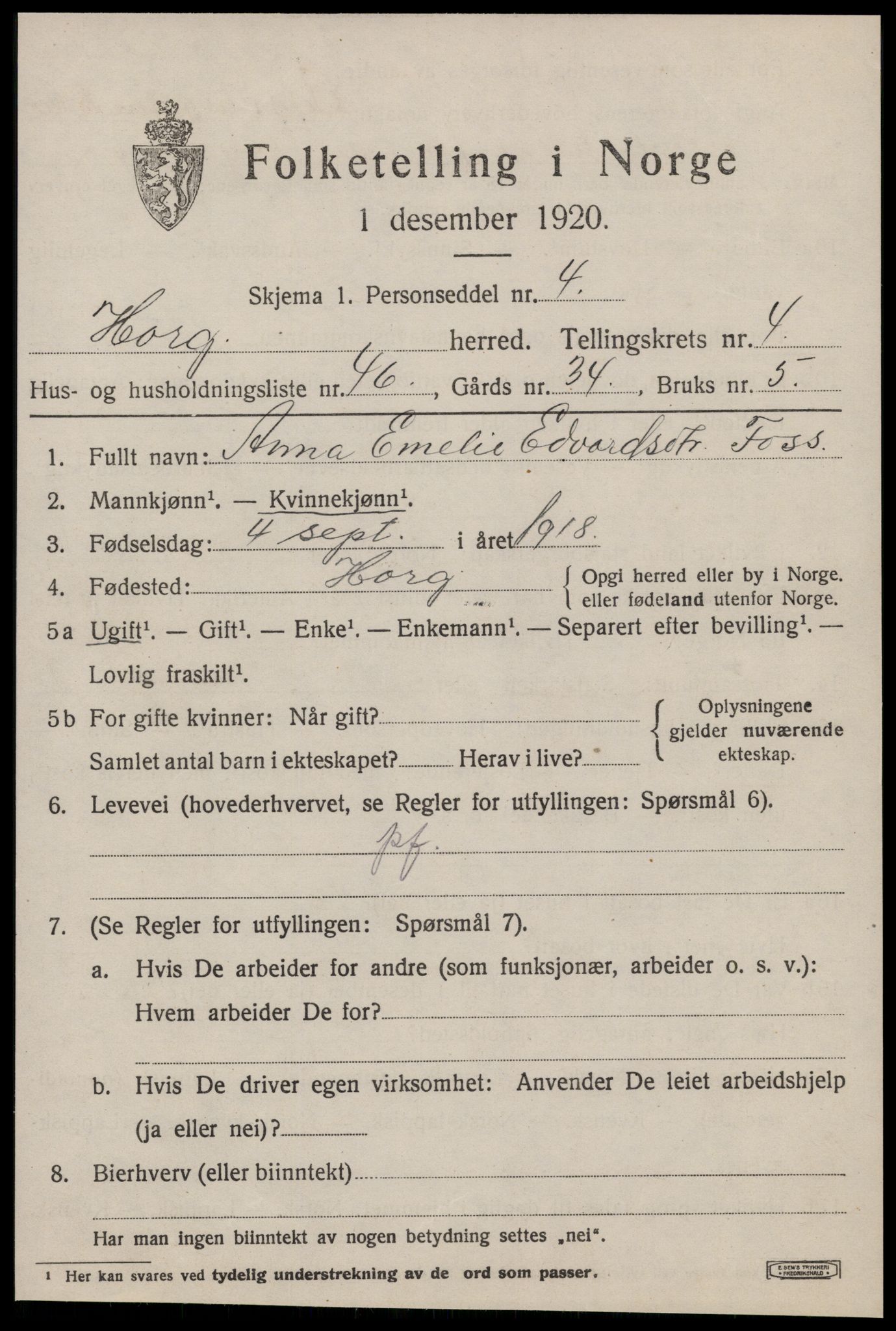 SAT, Folketelling 1920 for 1650 Horg herred, 1920, s. 3578