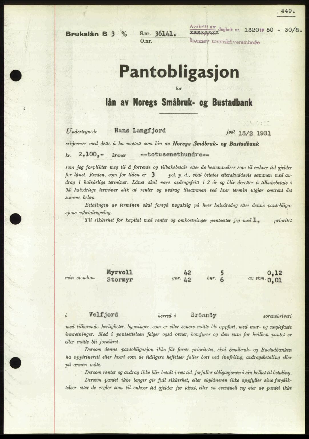 Brønnøy sorenskriveri, SAT/A-4170/1/2/2C: Pantebok nr. 36, 1950-1950, Dagboknr: 1320/1950