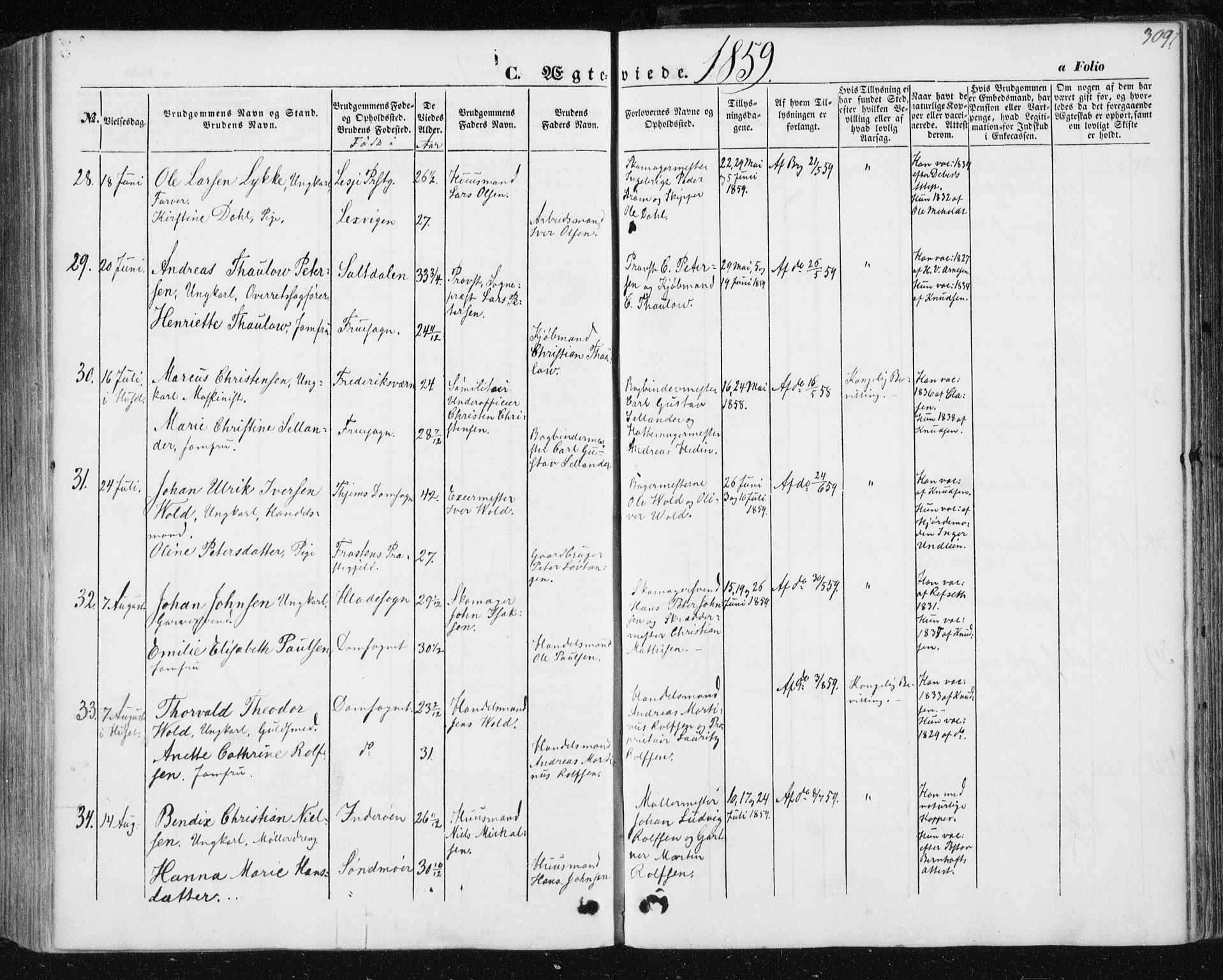 Ministerialprotokoller, klokkerbøker og fødselsregistre - Sør-Trøndelag, SAT/A-1456/602/L0112: Ministerialbok nr. 602A10, 1848-1859, s. 309