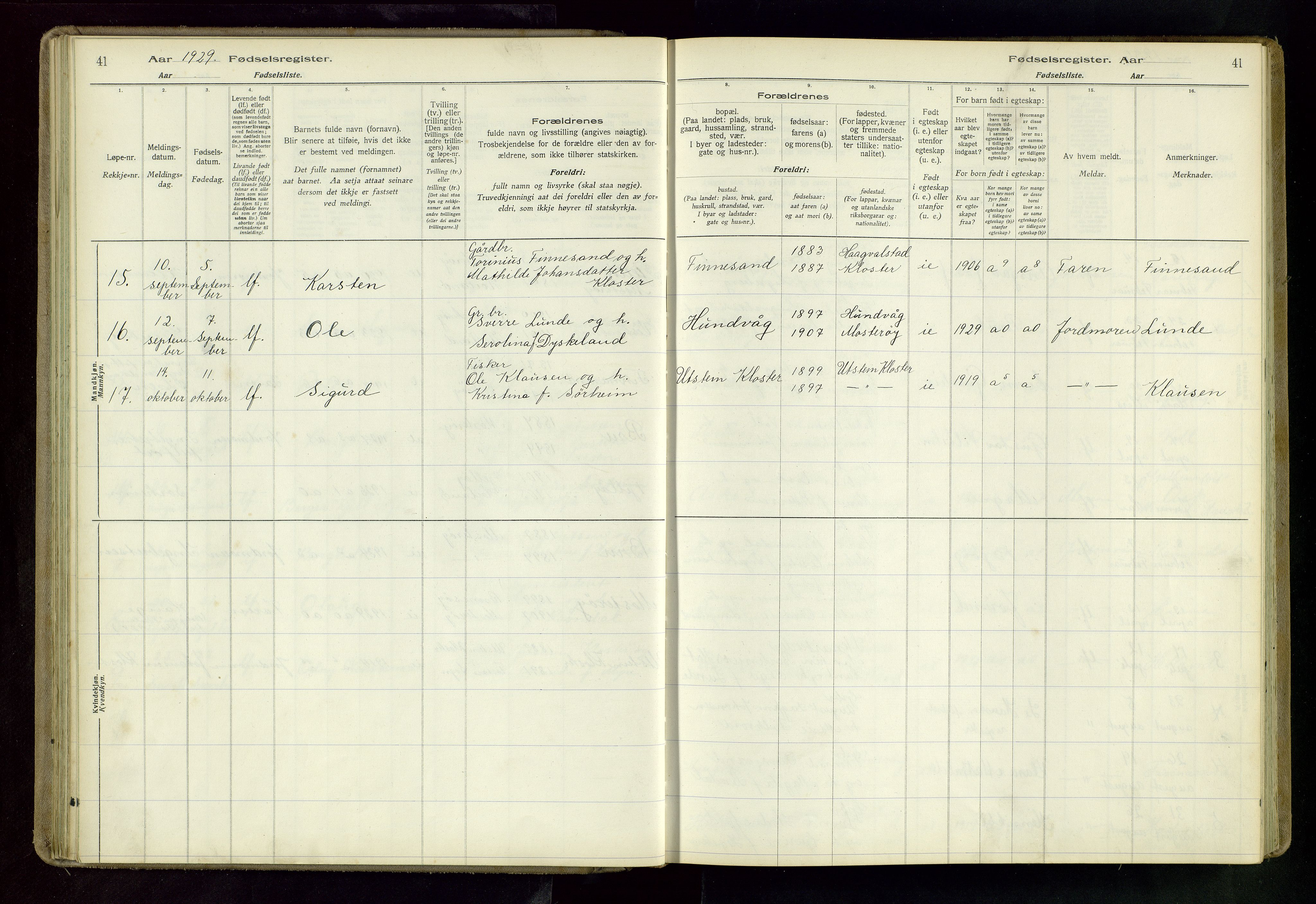 Rennesøy sokneprestkontor, AV/SAST-A -101827/I/Id/L0002: Fødselsregister nr. 2, 1916-1982, s. 41