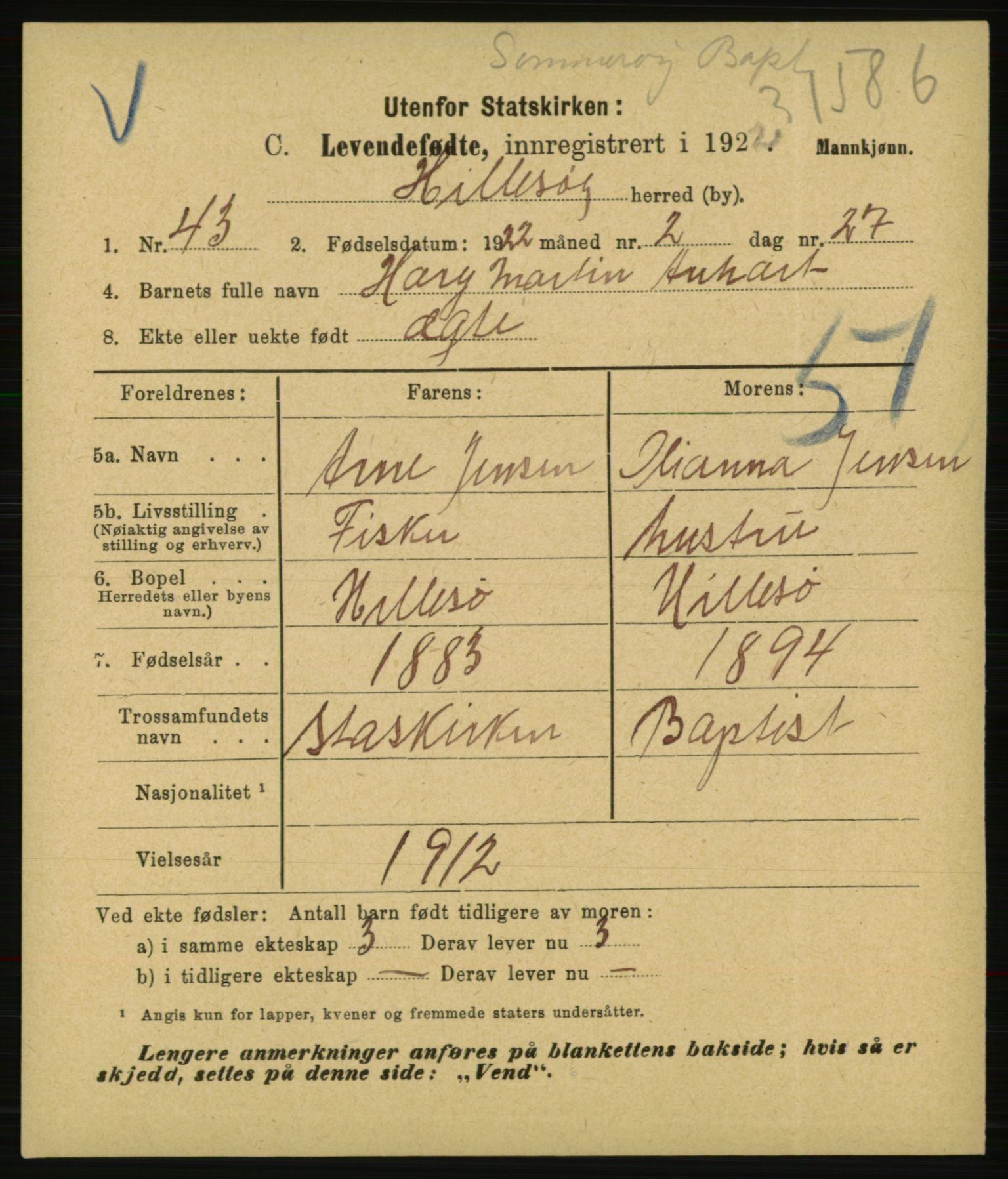 Statistisk sentralbyrå, Sosiodemografiske emner, Befolkning, AV/RA-S-2228/E/L0020: Fødte, gifte, døde dissentere., 1922, s. 1729