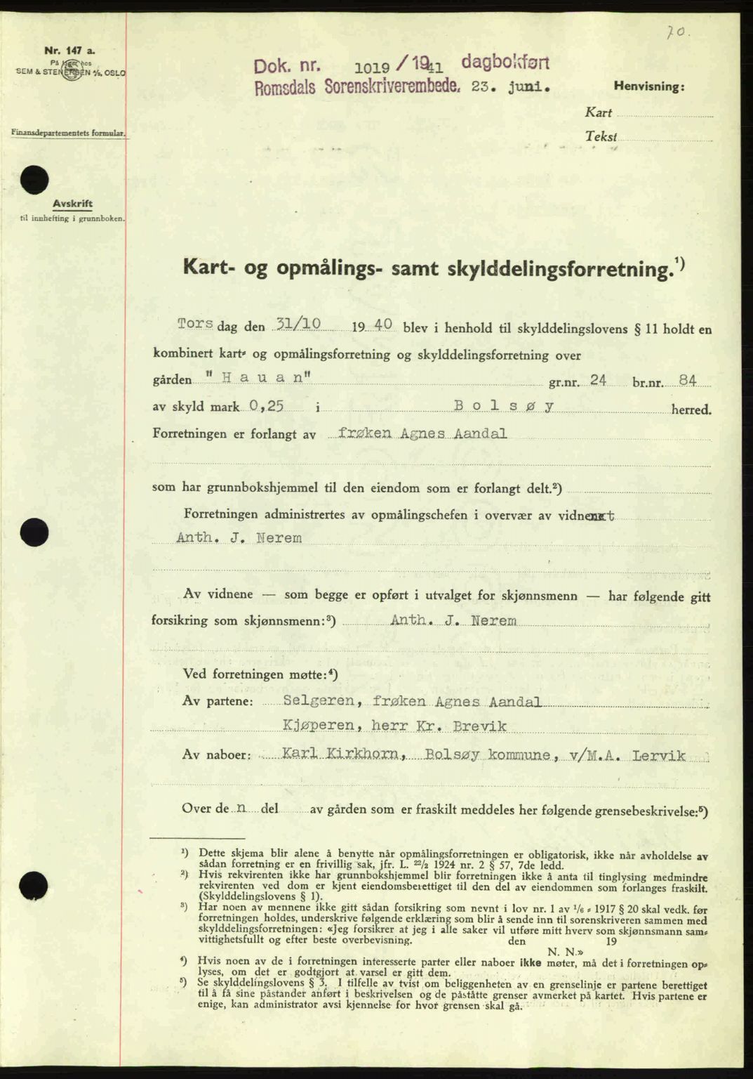 Romsdal sorenskriveri, AV/SAT-A-4149/1/2/2C: Pantebok nr. A10, 1941-1941, Dagboknr: 1019/1941