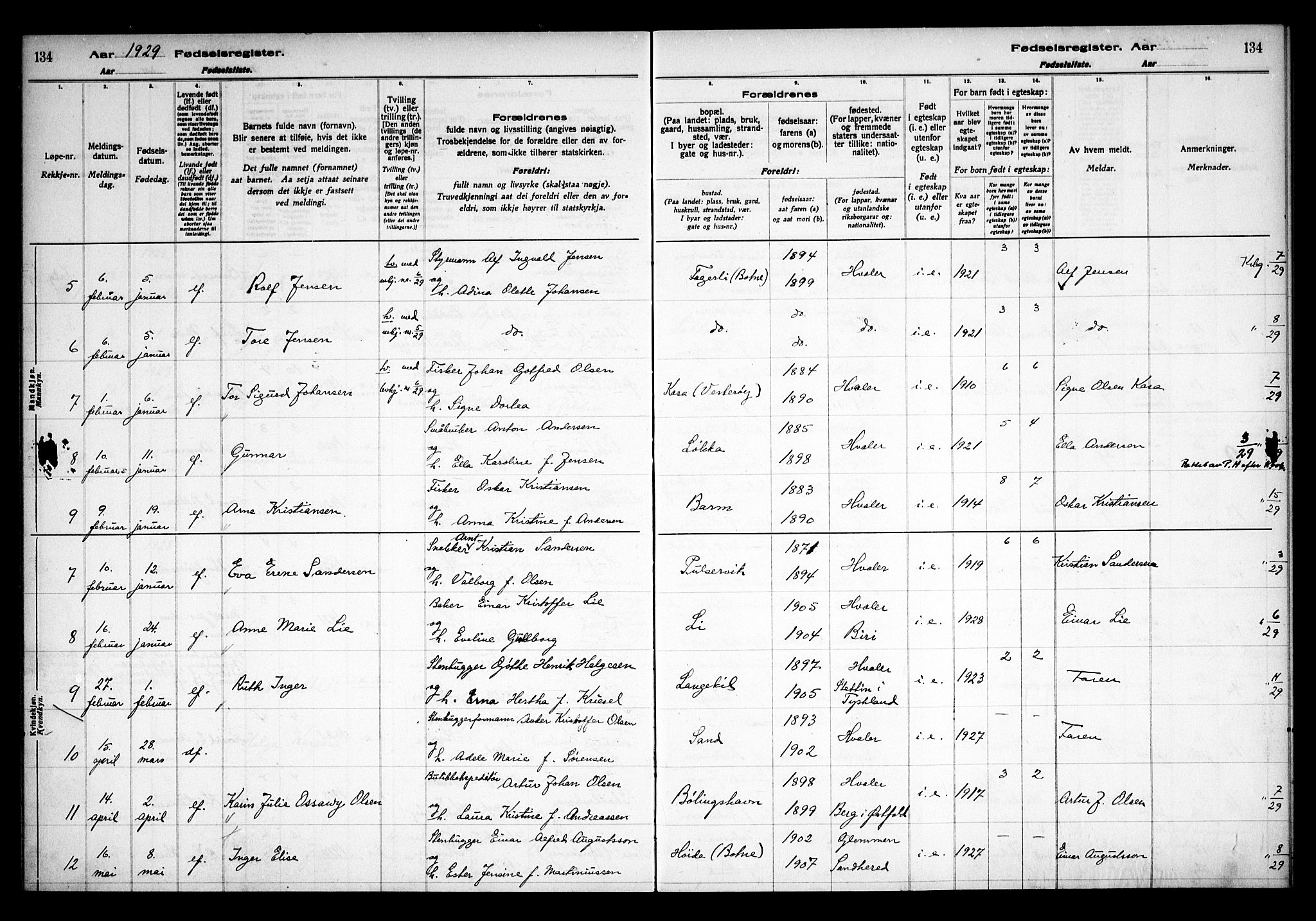 Hvaler prestekontor Kirkebøker, AV/SAO-A-2001/J/Ja/L0001: Fødselsregister nr. I 1, 1916-1938, s. 134