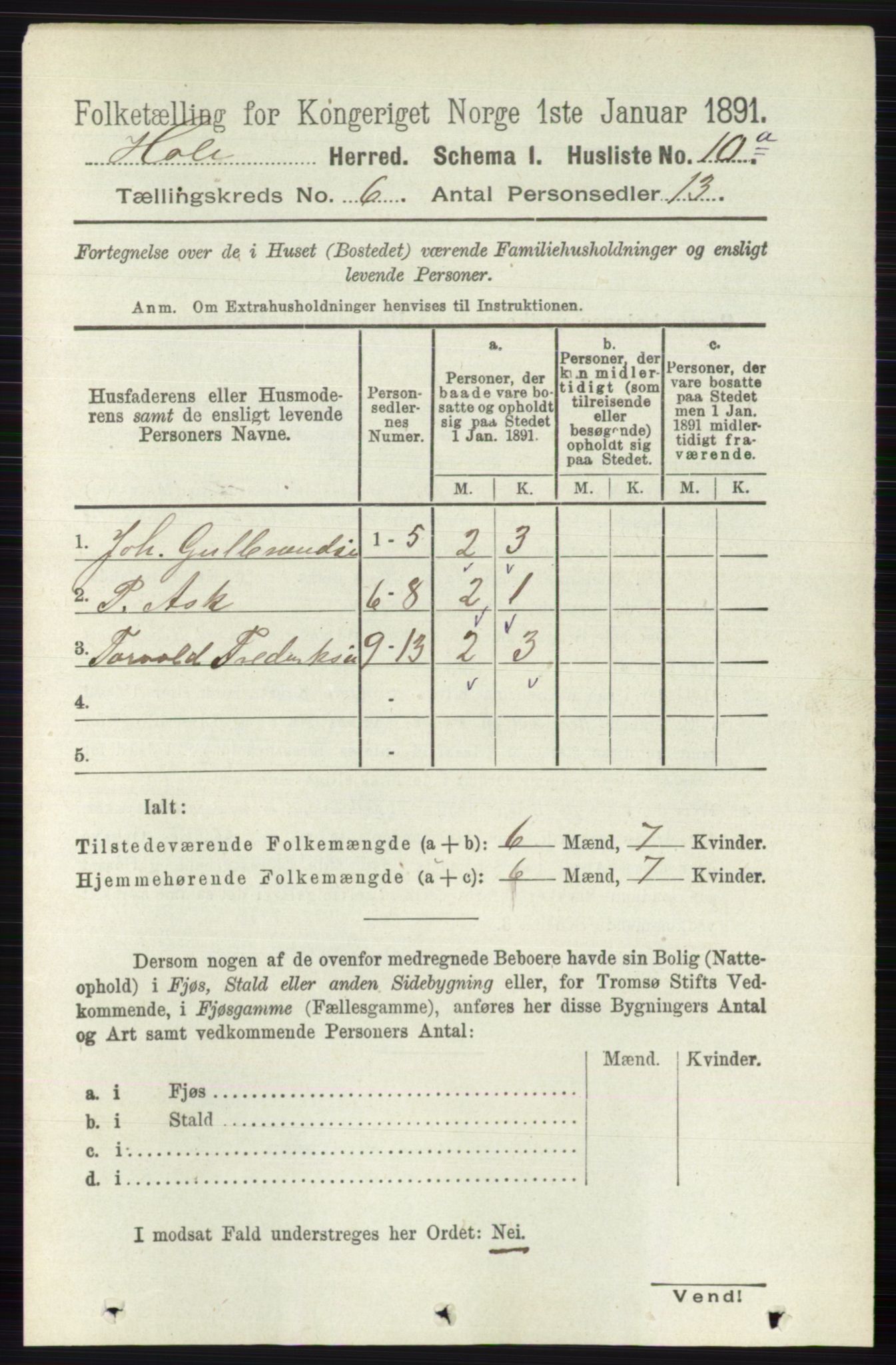 RA, Folketelling 1891 for 0612 Hole herred, 1891, s. 2980