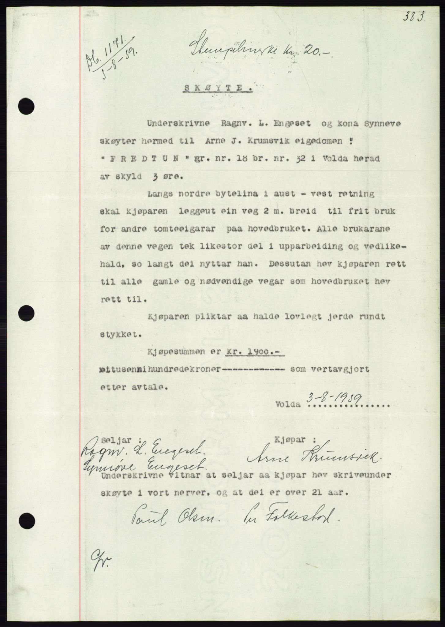 Søre Sunnmøre sorenskriveri, AV/SAT-A-4122/1/2/2C/L0068: Pantebok nr. 62, 1939-1939, Dagboknr: 1171/1939