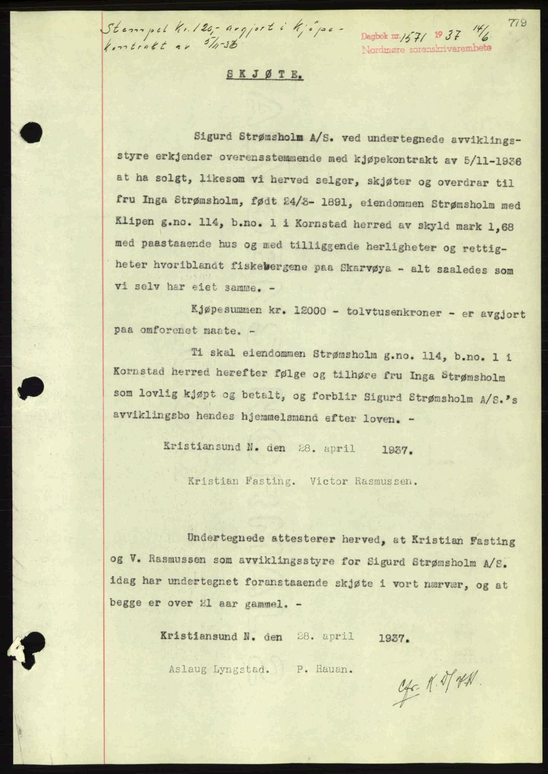 Nordmøre sorenskriveri, SAT/A-4132/1/2/2Ca: Pantebok nr. A81, 1937-1937, Dagboknr: 1571/1937