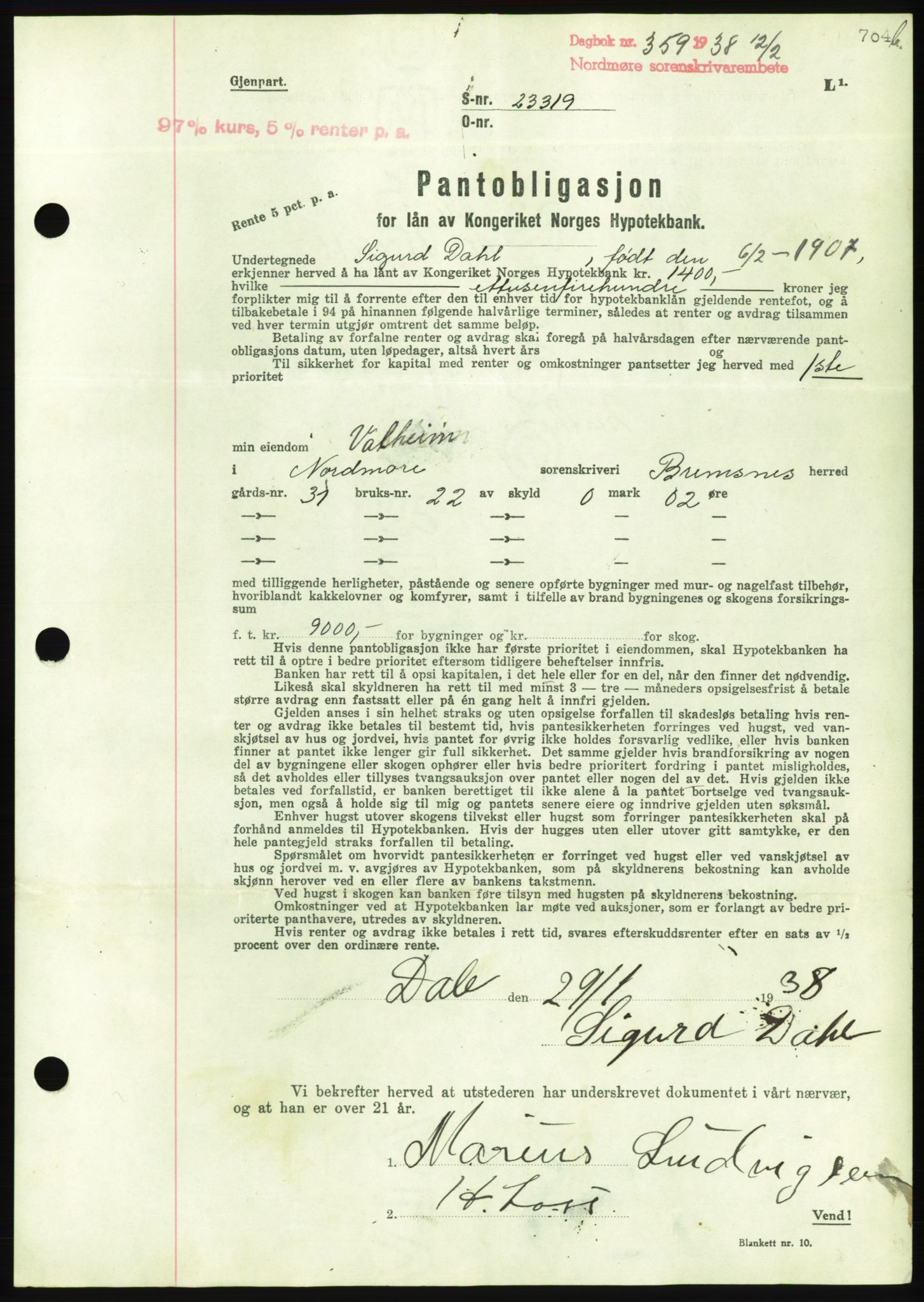 Nordmøre sorenskriveri, AV/SAT-A-4132/1/2/2Ca/L0092: Pantebok nr. B82, 1937-1938, Dagboknr: 359/1938