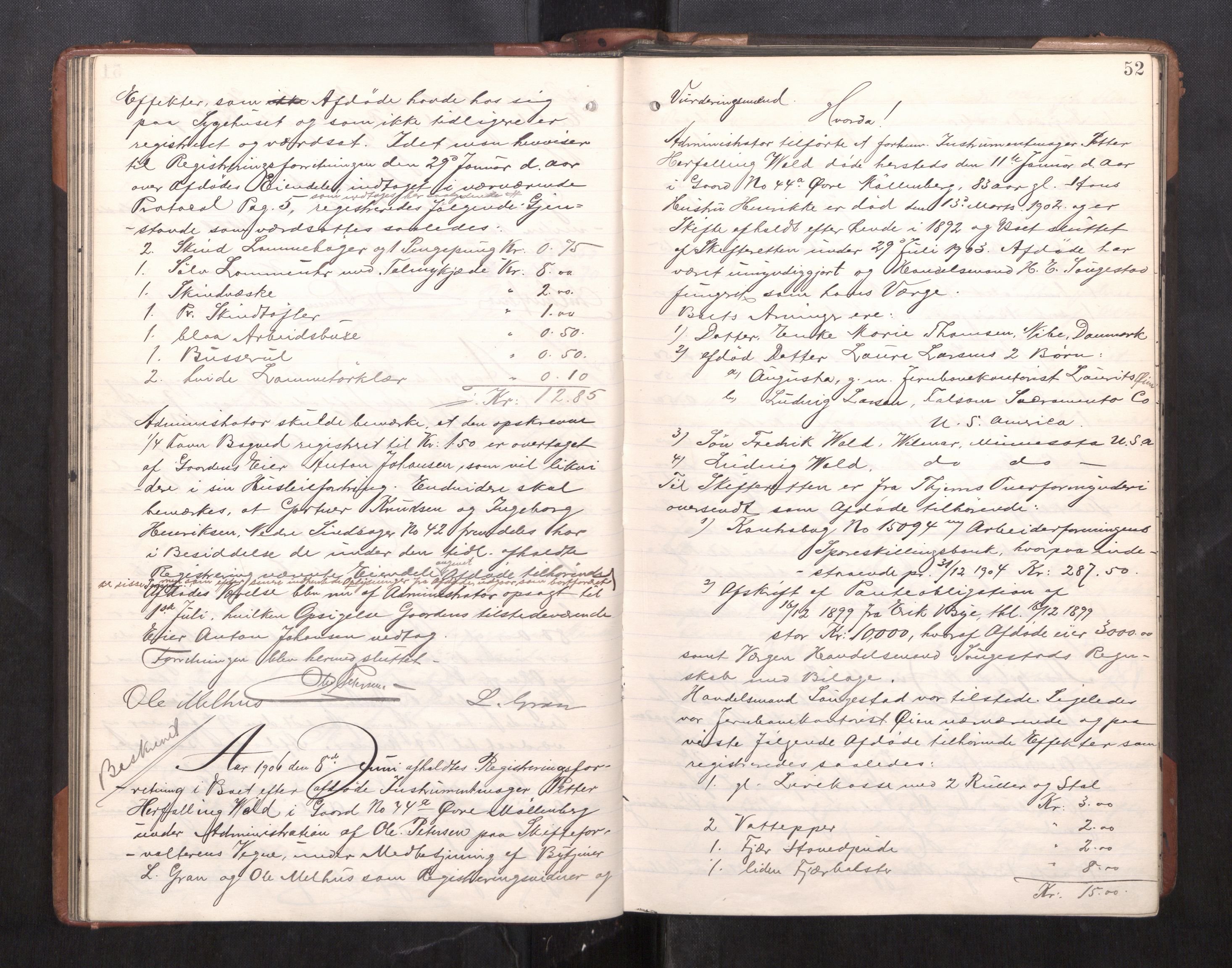 Trondheim byfogd, AV/SAT-A-0003/1/3/3C/L0025: Skifteregistreringsprotokoll - 24/1-14/7. (u/ register), 1906-1909, s. 52