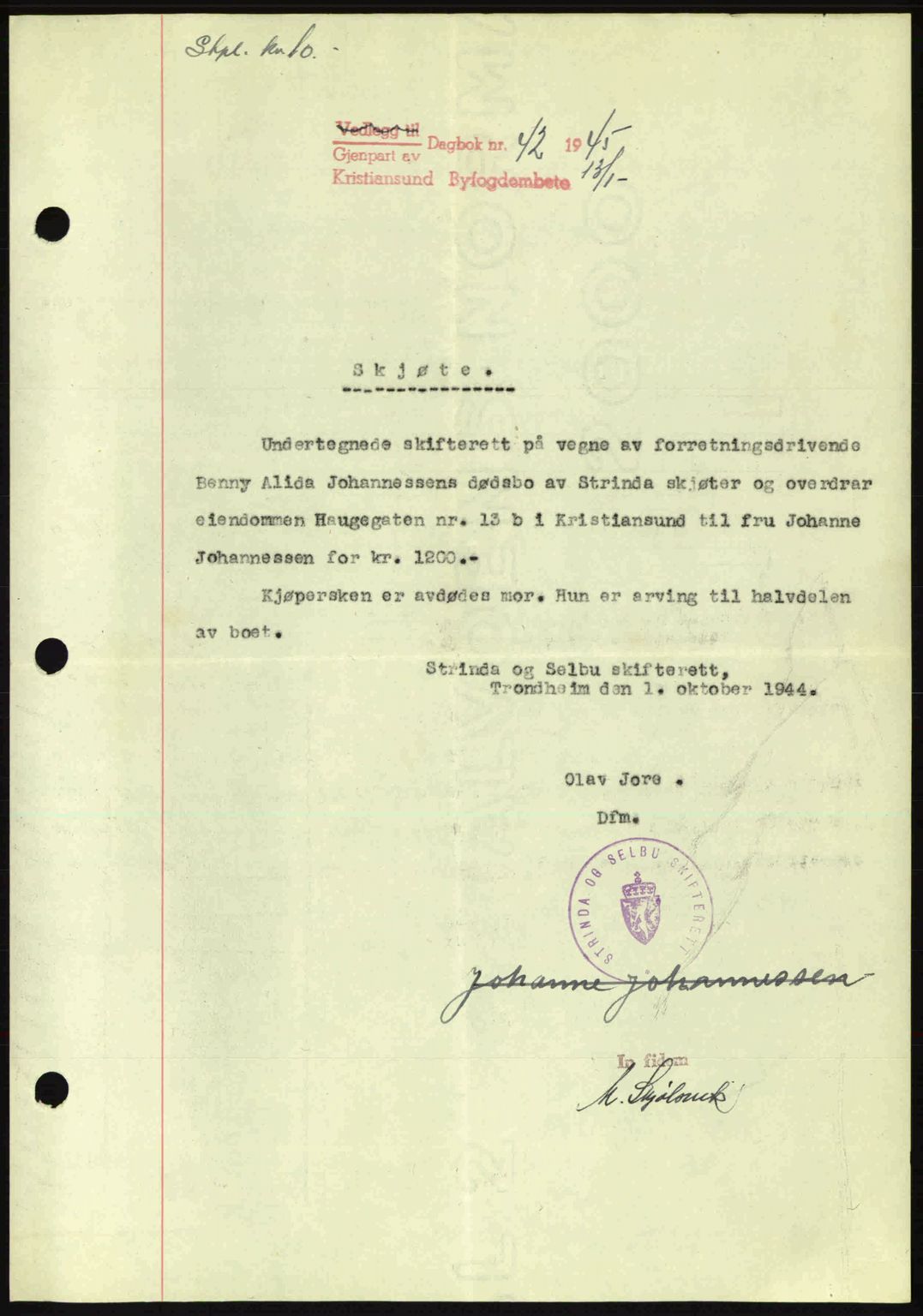 Kristiansund byfogd, AV/SAT-A-4587/A/27: Pantebok nr. 34, 1941-1945, Dagboknr: 42/1945