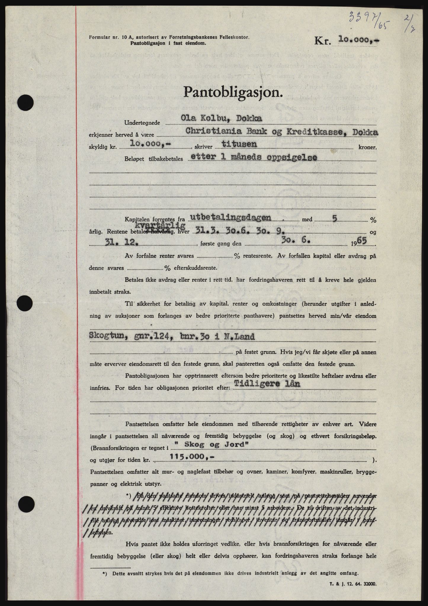 Hadeland og Land tingrett, SAH/TING-010/H/Hb/Hbc/L0059: Pantebok nr. B59, 1965-1965, Dagboknr: 3397/1965