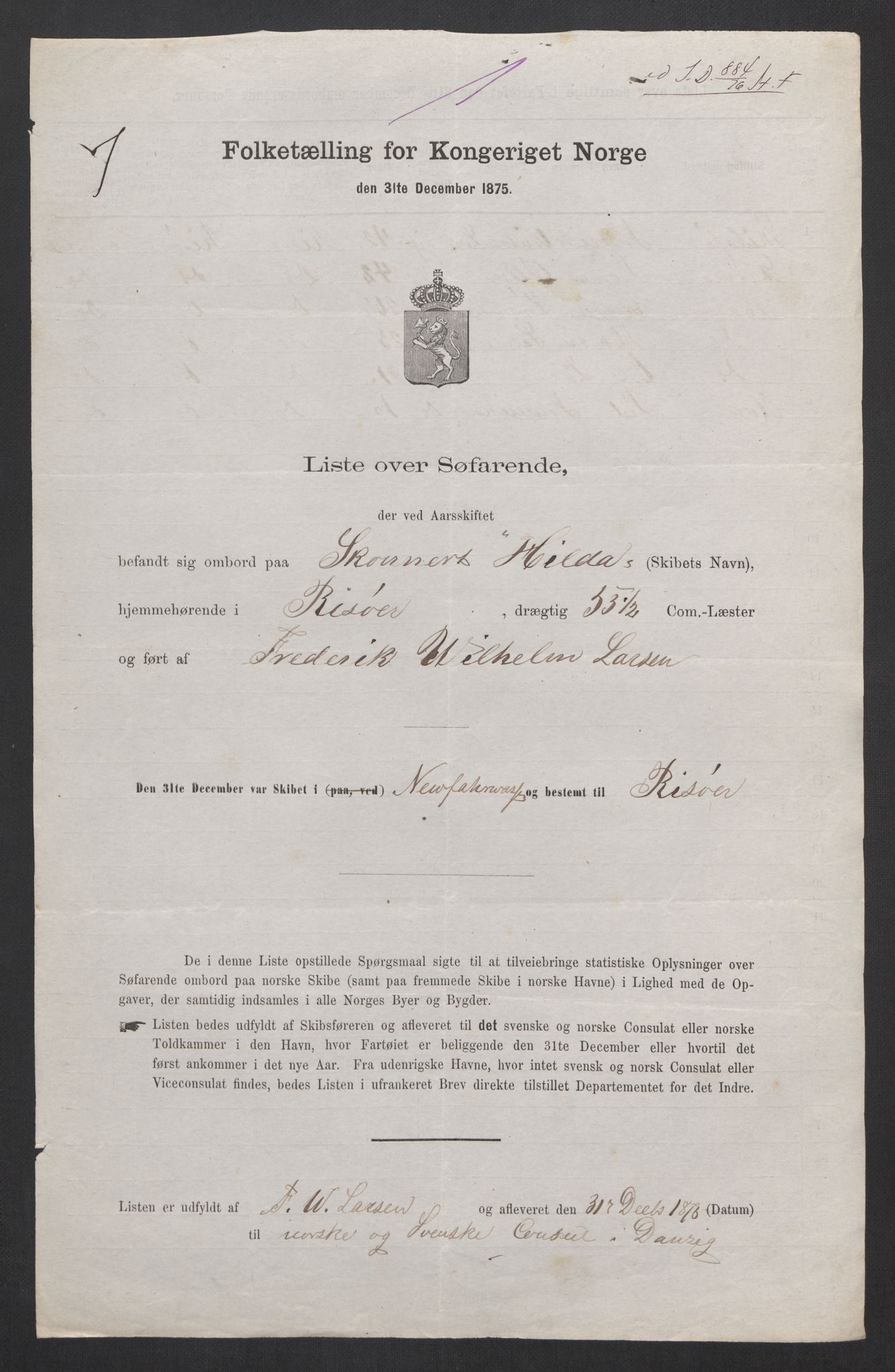 RA, Folketelling 1875, skipslister: Skip i utenrikske havner, hjemmehørende i byer og ladesteder, Fredrikshald - Arendal, 1875, s. 889