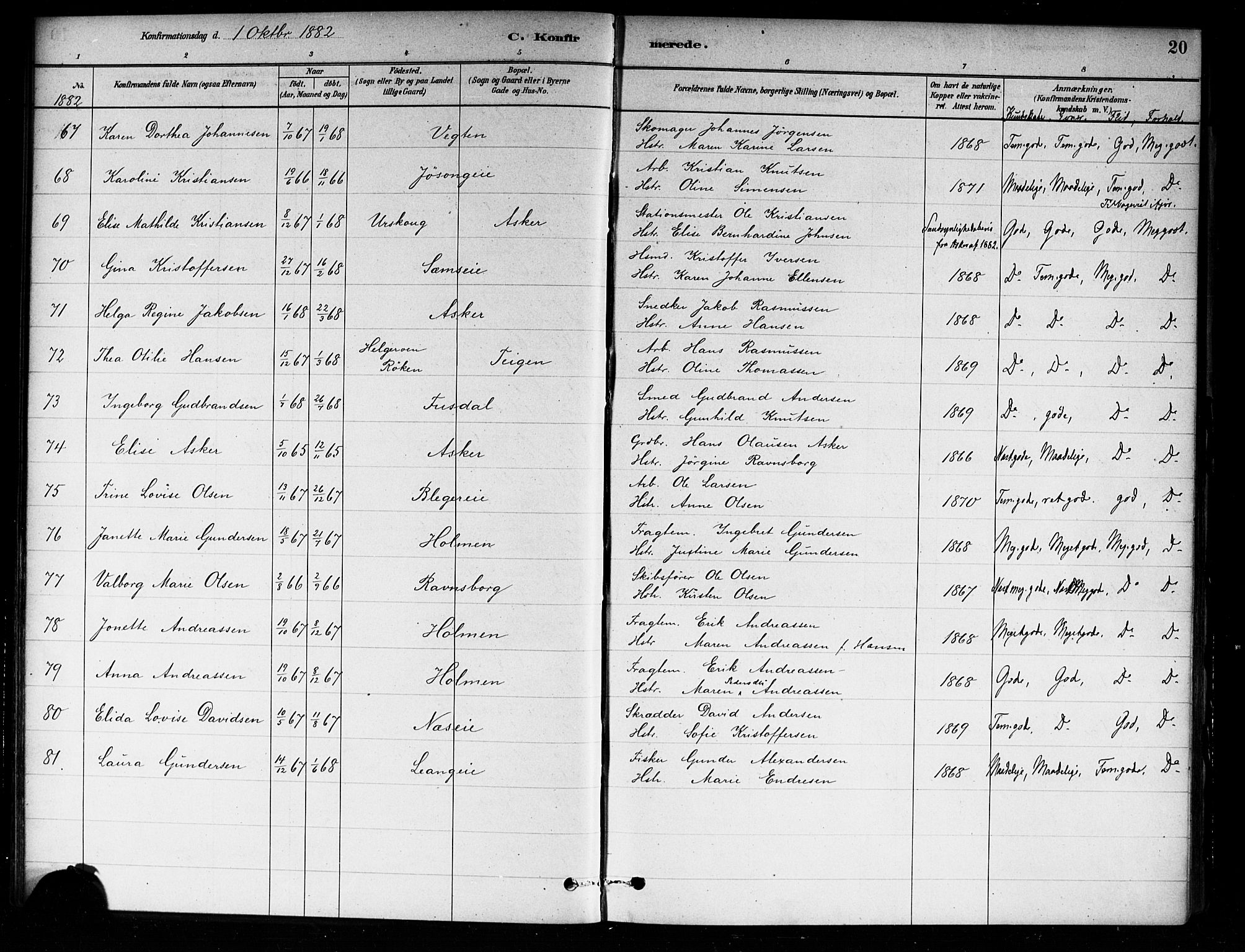 Asker prestekontor Kirkebøker, AV/SAO-A-10256a/F/Fa/L0014: Ministerialbok nr. I 14, 1879-1900, s. 20