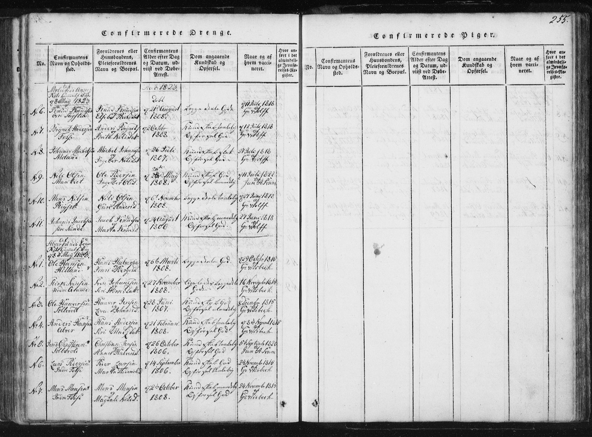 Hamre sokneprestembete, AV/SAB-A-75501/H/Ha/Haa/Haaa/L0010: Ministerialbok nr. A 10, 1816-1826, s. 255